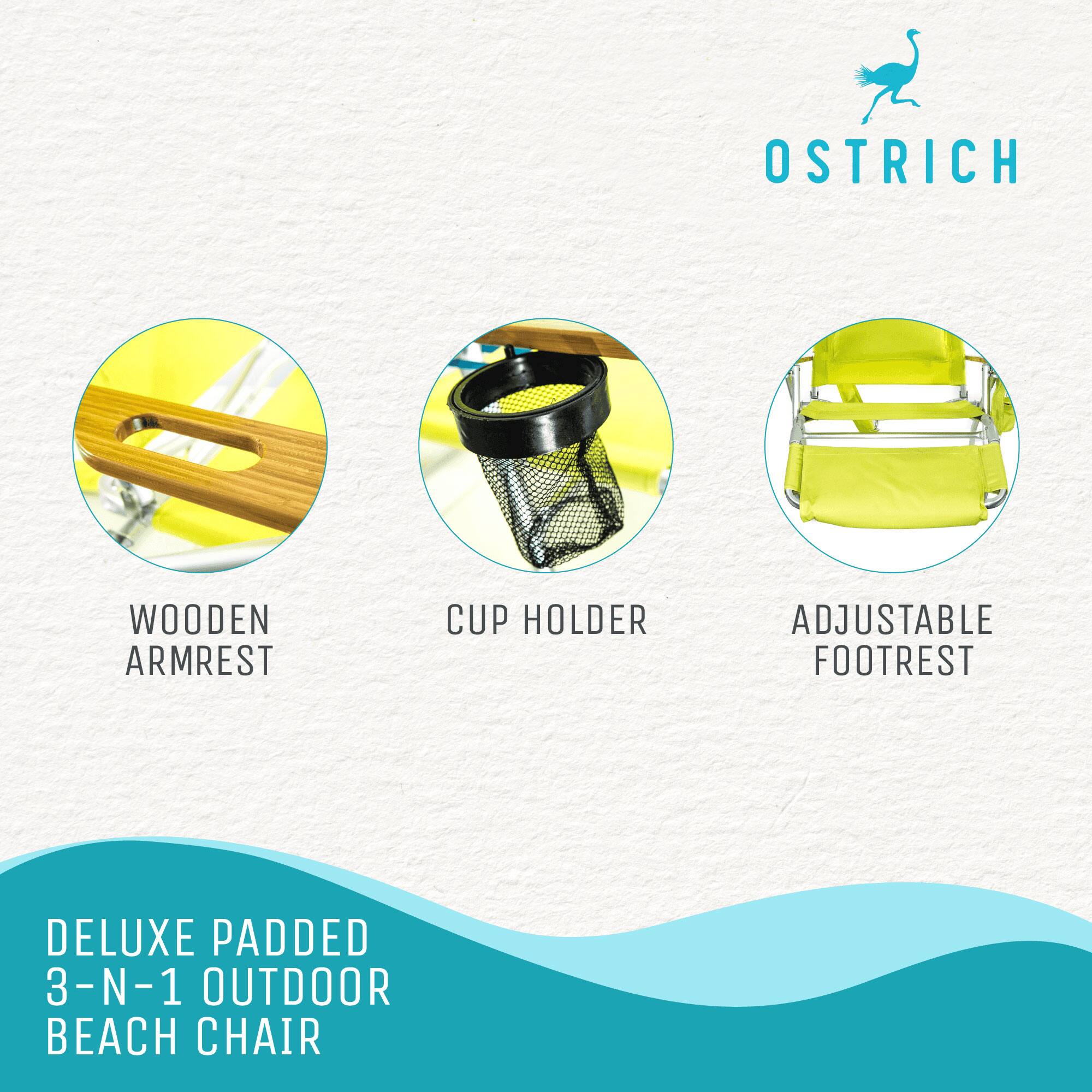 OSTRICH  
WOODEN ARMREST  
CUP HOLDER  
ADJUSTABLE FOOTREST  

DELUXE PADDED 3-N-1 OUTDOOR BEACH CHAIR