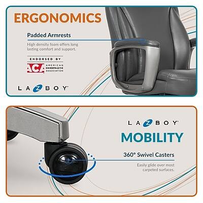 ERGONOMICS

Padded Armrests
High density foam offers long lasting comfort and support.

ENDORSED BY AMERICAN ACA CHIROPRACTIC ASSOCIATION

LA Z BOY

LA Z BOY MOBILITY

360° Swivel Casters
Easily glide over most carpeted surfaces.