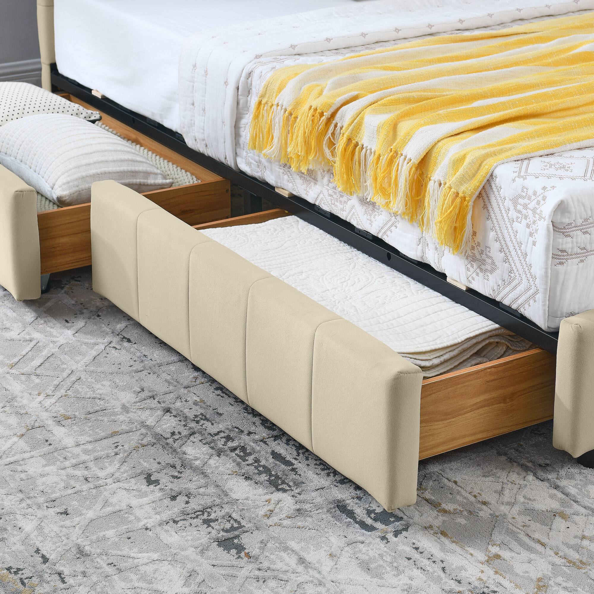 Alt View 2. Anysun - Full Size Velvet Tufted Storage Bed Frame - Sofa Bed with Backrest & Armrests for Bedroom or Living Room - Beige.