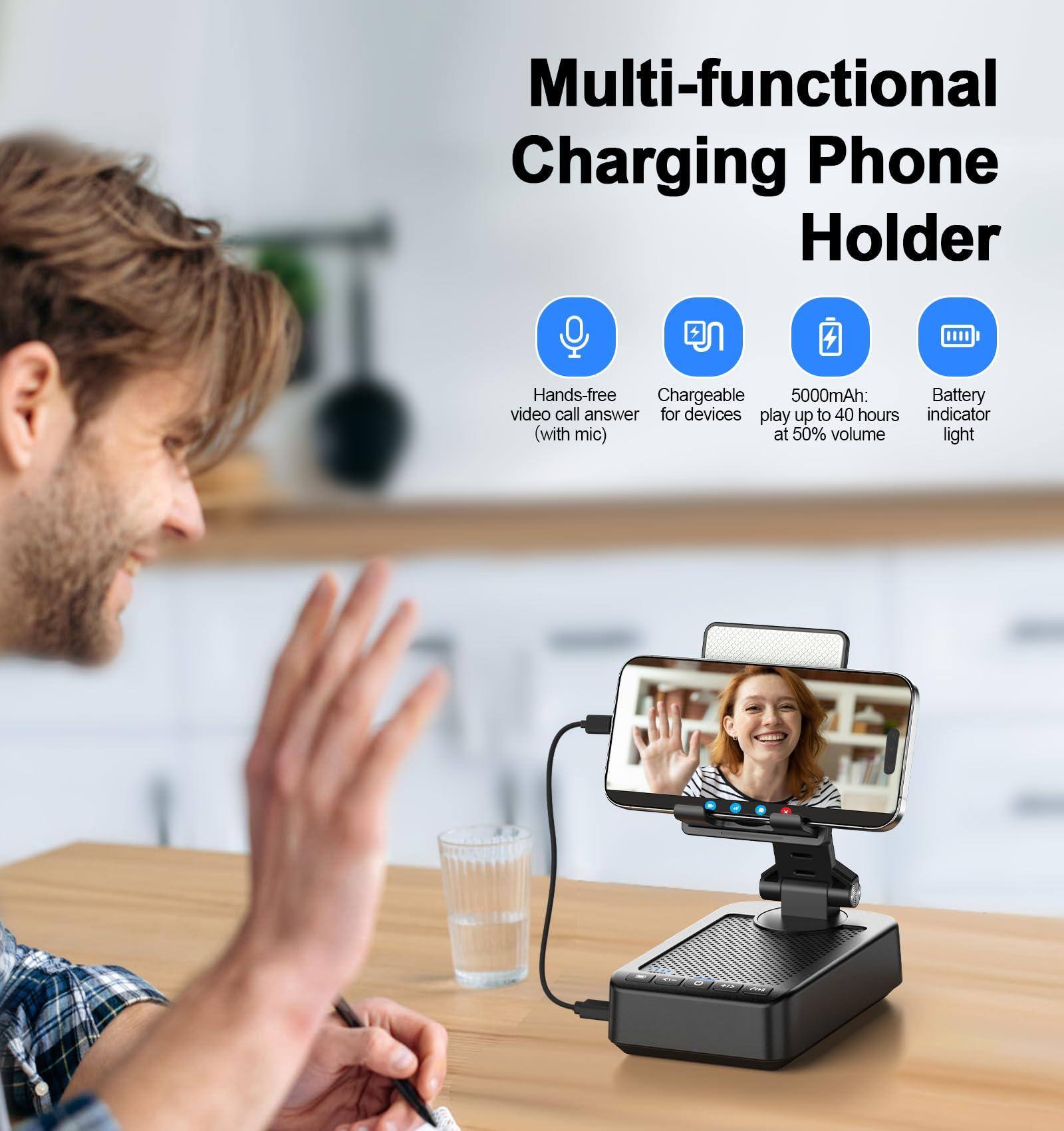 Multi-functional Charging Phone Holder

- Hands-free video call answer (with mic)
- Chargeable for devices
- 5000mAh: play up to 40 hours at 50% volume
- Battery indicator light