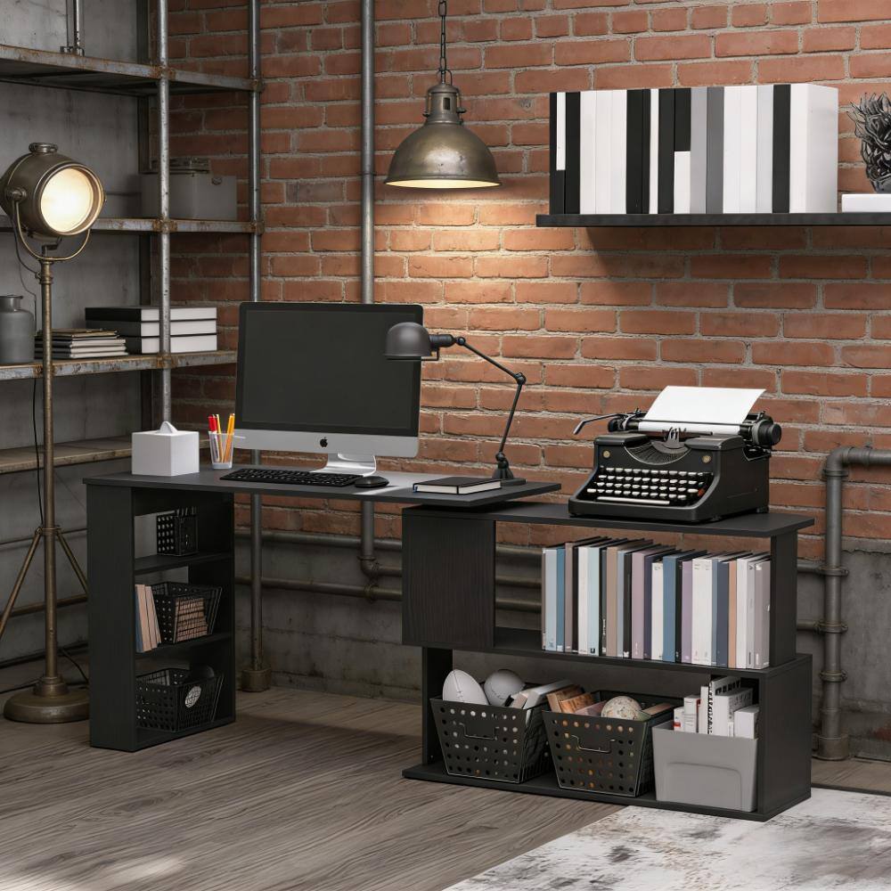 Angle. Anysun - Modern Minimalist Rotating Design Wooden Laminated Corner Computer Desk with Shelf and Side Bookcase, Assembly Required - Black.