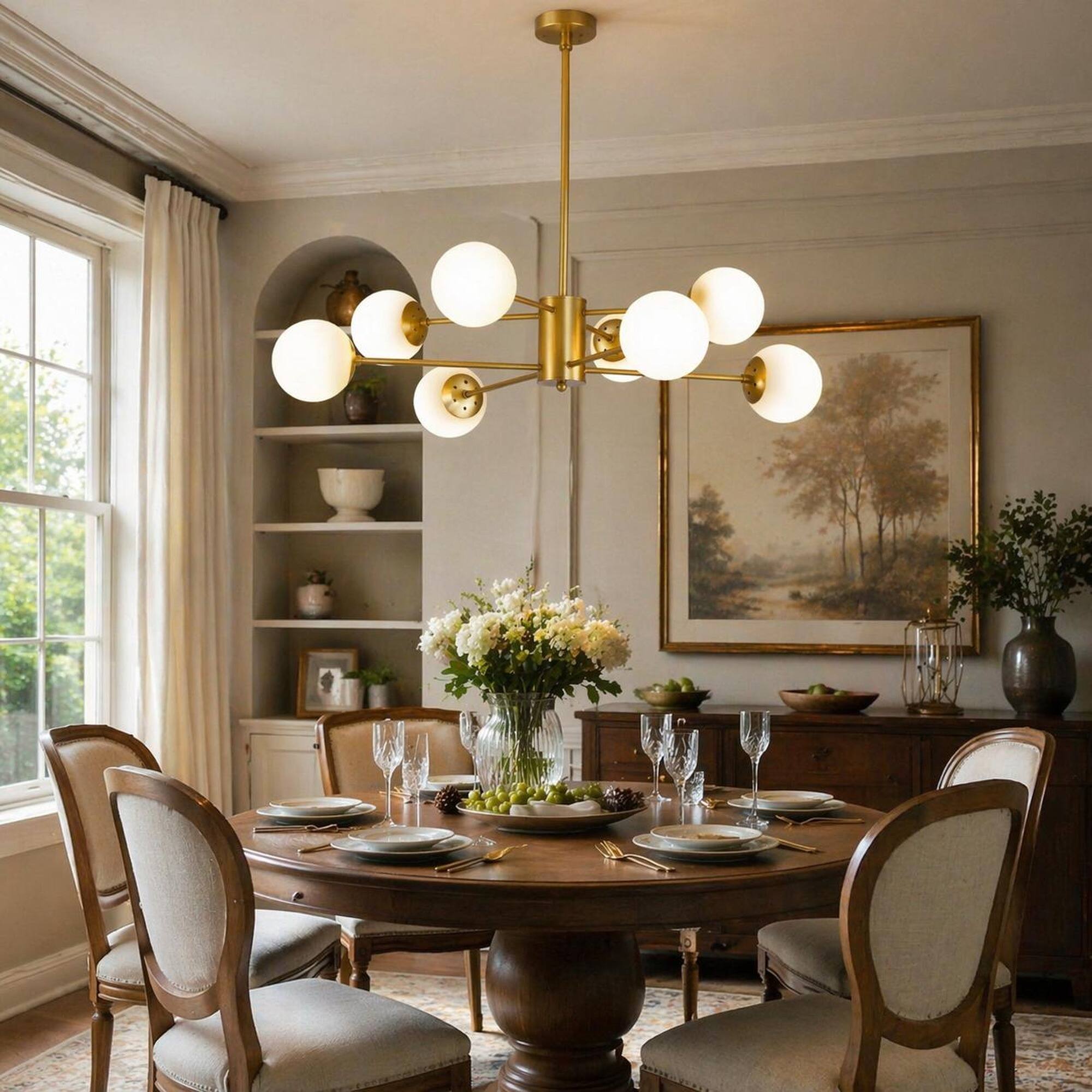 Back. RYHNUYNE - 35 in. Modern 8-Light Gold Chandelier with White Glass Globes Mid-Century Lighting Fixture - Gold.