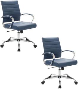 LeisureMod - Set of 2 - Benmar Modern Leather Office Desk Chair with Ribbed Seat and Steel Frame Computer Chair - Navy Blue