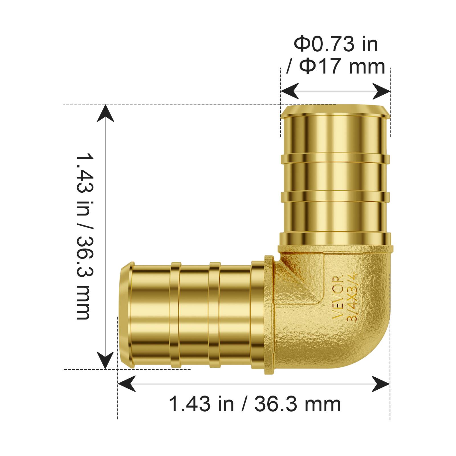 0.73 in / 17 mm  
1.43 in / 36.3 mm  
VEVOR 3/4X3/4  
1.43 in / 36.3 mm