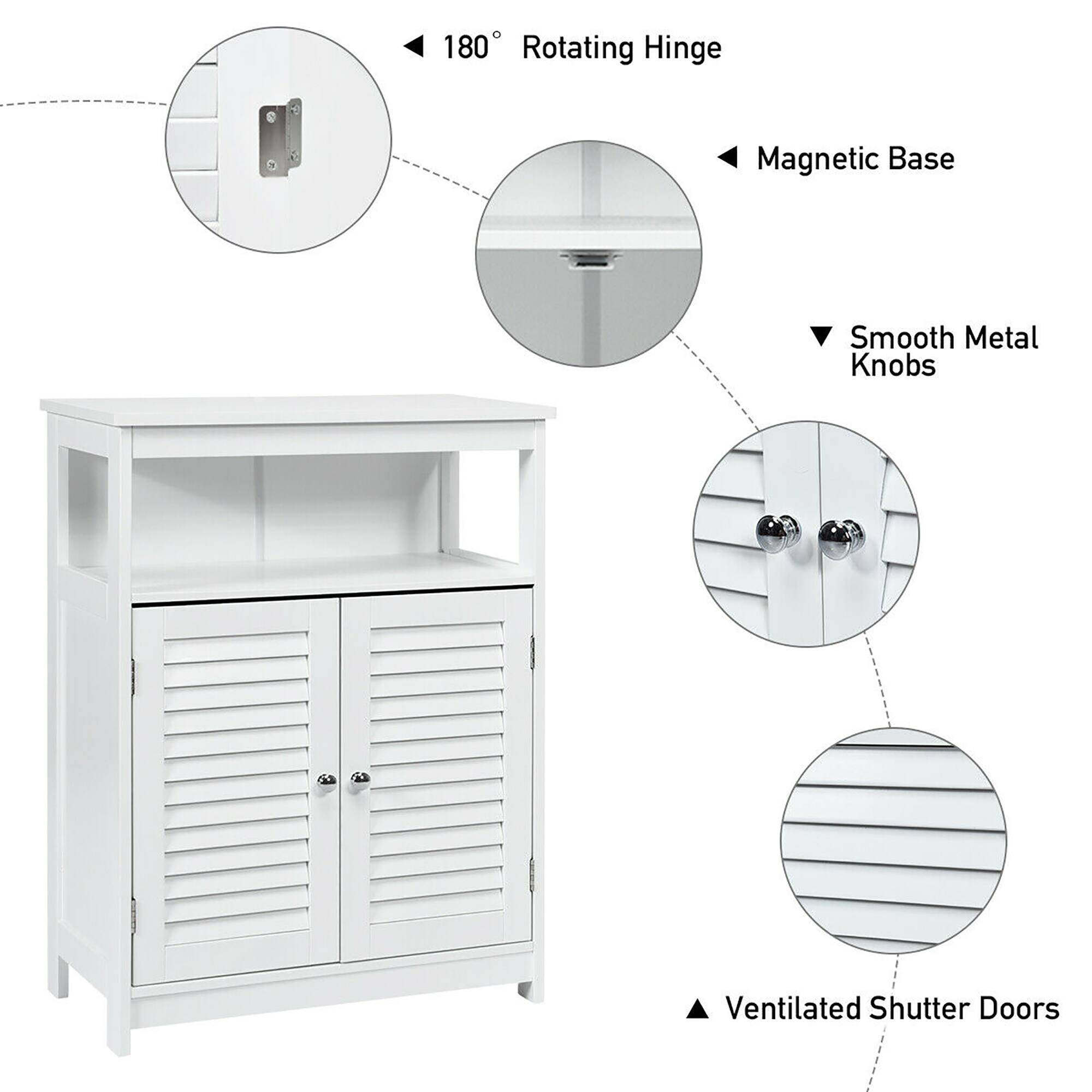 180° Rotating Hinge  
Magnetic Base  
Smooth Metal Knobs  
Ventilated Shutter Doors