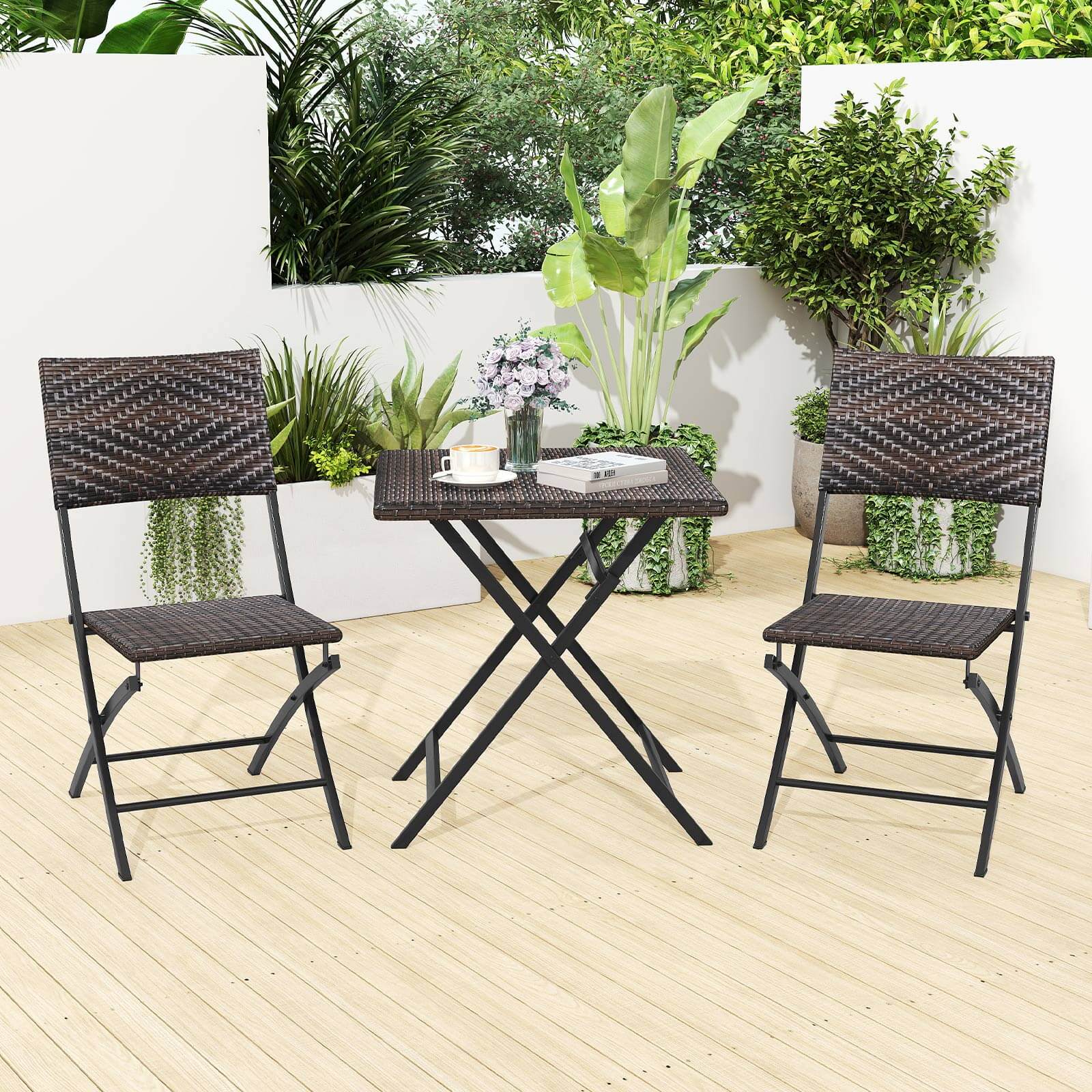 Alt View 1. Costway - Costway 3 PCS Rattan Bistro Set with Wicker Seat & Tabletop for Backyard, Garden, Balcony - Mix Brown.