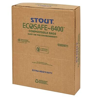 STOUT ECOSAFE~6400™  
COMPOSTABLE BAGS  
EASY ON THE ENVIRONMENT!  

48 Biodegradable Compostable Bags  
DOT E3039E11  

EXTRA HEAVY-DUTY  

Certified ASTM D6400  
Compostable Technology  

BPI Certified Compostable  
ASTM D6400
