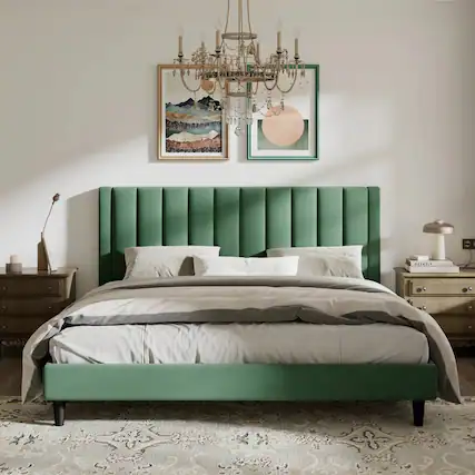 Front. Hivvago - King size Green Velvet Upholstered Platform Bed Frame with Headboard - Green.