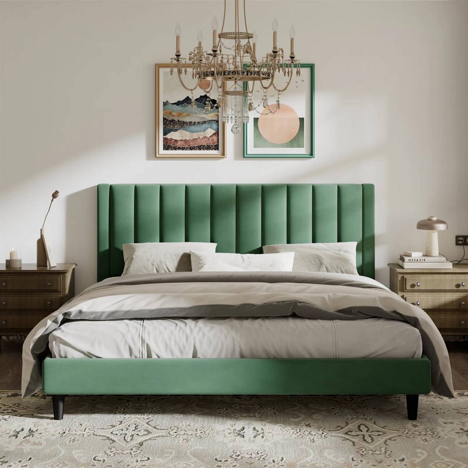 Front. Hivvago - King size Green Velvet Upholstered Platform Bed Frame with Headboard - Green.
