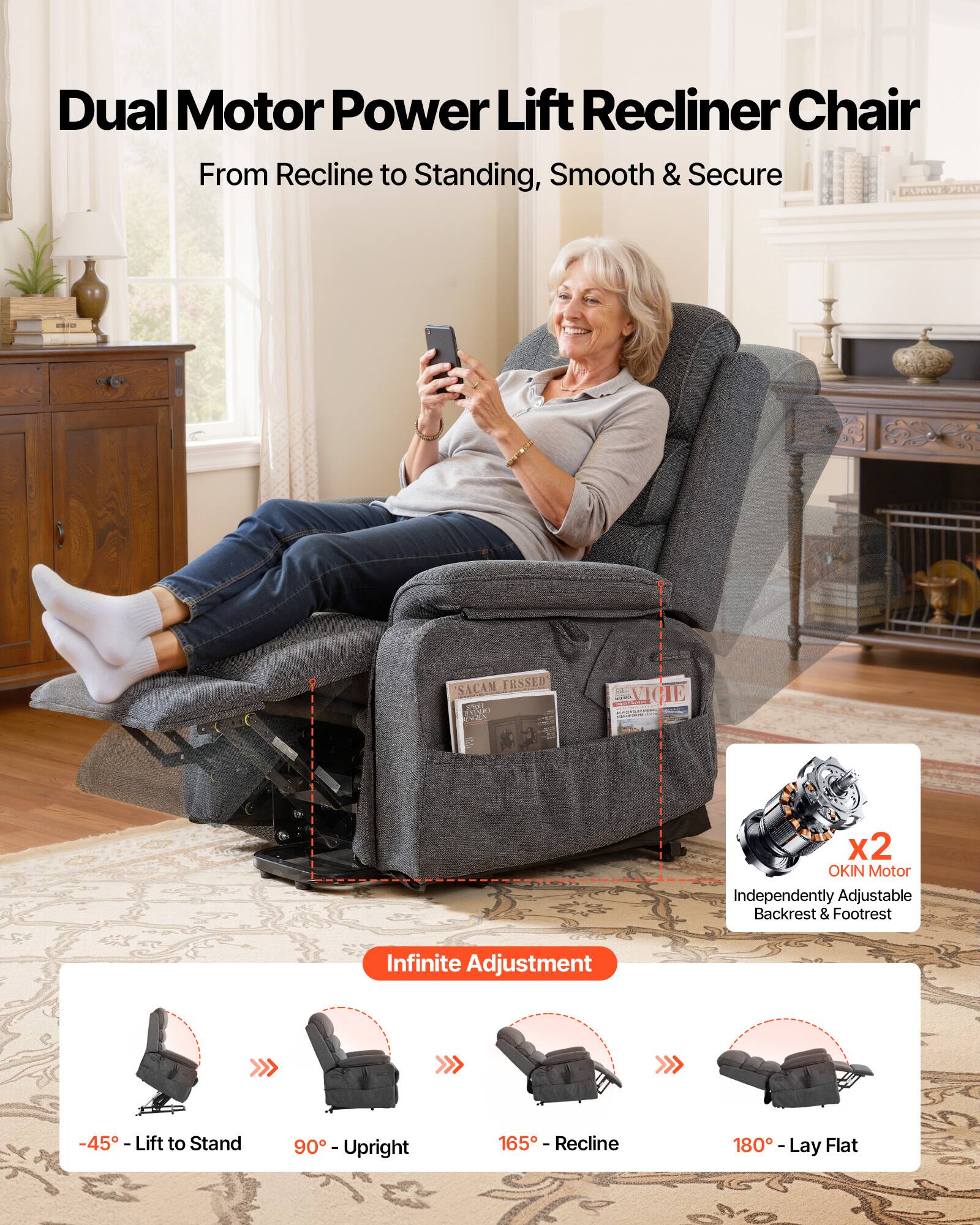 Dual Motor Power Lift Recliner Chair  
From Recline to Standing, Smooth & Secure  

- OKIN Motor  
  Independently Adjustable Backrest & Footrest  

Infinite Adjustment  
-45° - Lift to Stand  
90° - Upright  
165° - Recline  
180° - Lay Flat