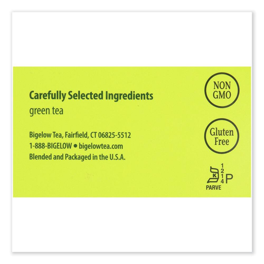 Carefully Selected Ingredients  
green tea  

Bigelow Tea, Fairfield, CT 06825-5512  
1-888-BIGELOW • bigelowtea.com  
Blended and Packaged in the U.S.A.  

NON GMO  
Gluten Free  

1 2 K 1214 4 1 P  
PARVE