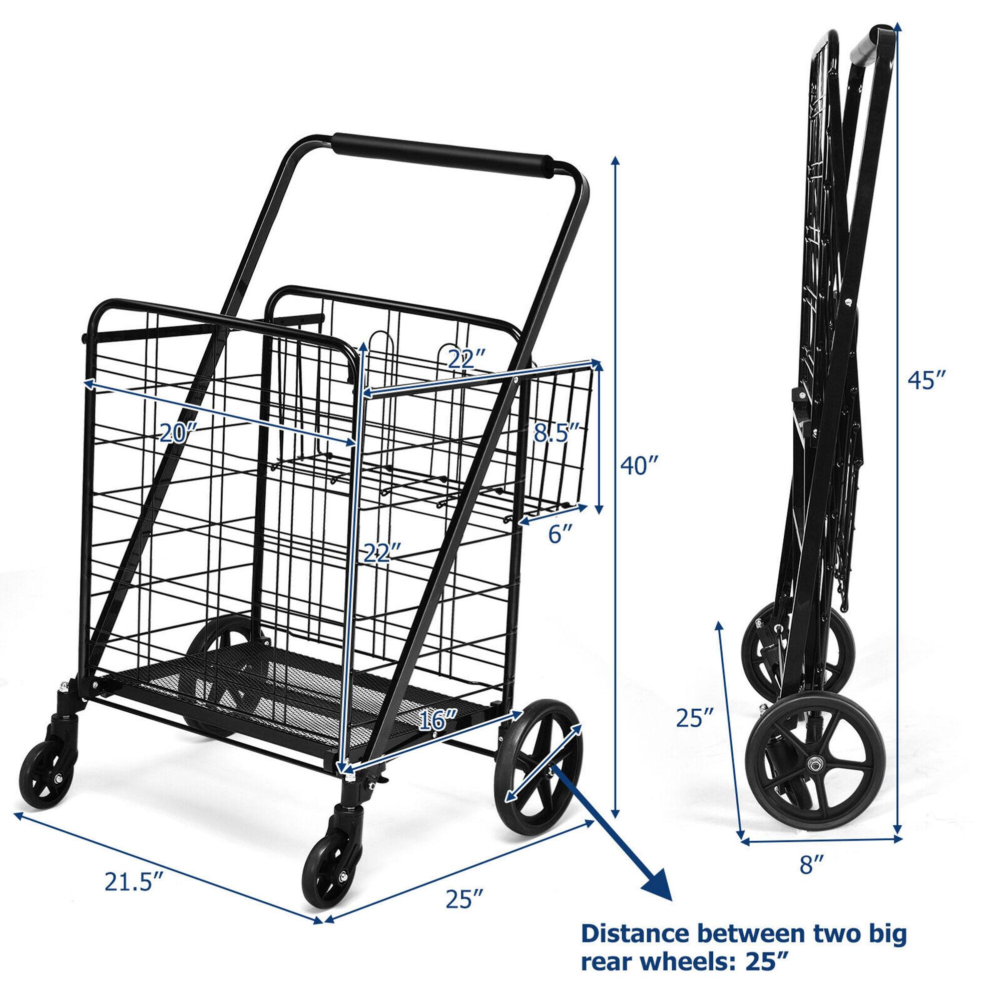 The image shows a shopping cart with a black handle and a black basket. The cart is labeled with dimensions, including the distance between two big rear wheels, which is 25 inches. The cart is also labeled with the distance between the two big rear wheels and the distance between two big rear wheels and the basket. The cart is designed to be used in a store for customers to carry their groceries or other items.