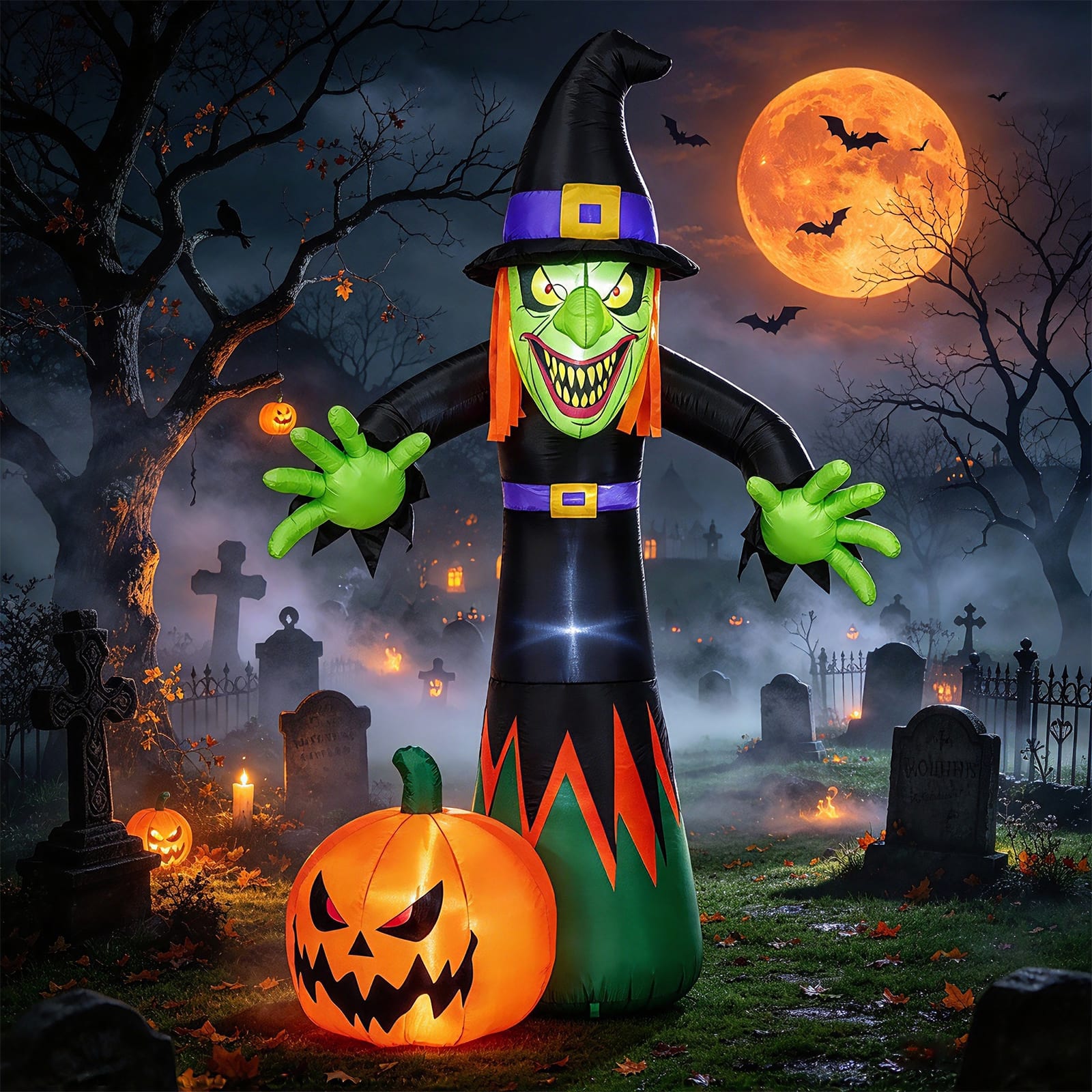 Front. Costway - Costway 8 FT Halloween Inflatable Witch and Pumpkin with Built-in LED Lights for Holiday - Multicolor.