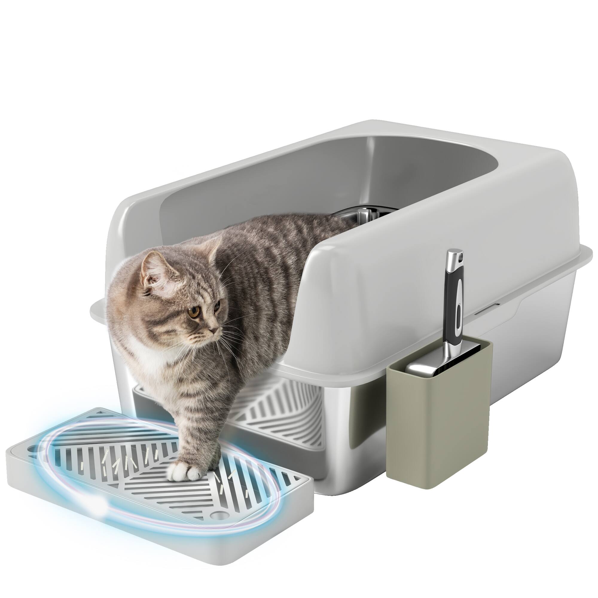 Pawhut - Litter Box, Easy Clean Metal Litter Box with High Sided, Cat Litter Pan with Metal Scoop & Scoop Holder - Light Gray