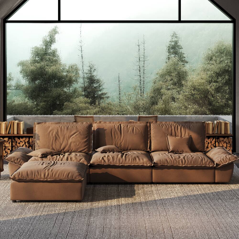 Angle. POVISON - 141.73" Sailboat Deep Sofa Stain Resistant Cozy Couch with Ottoman - Brown Suede Fabric.