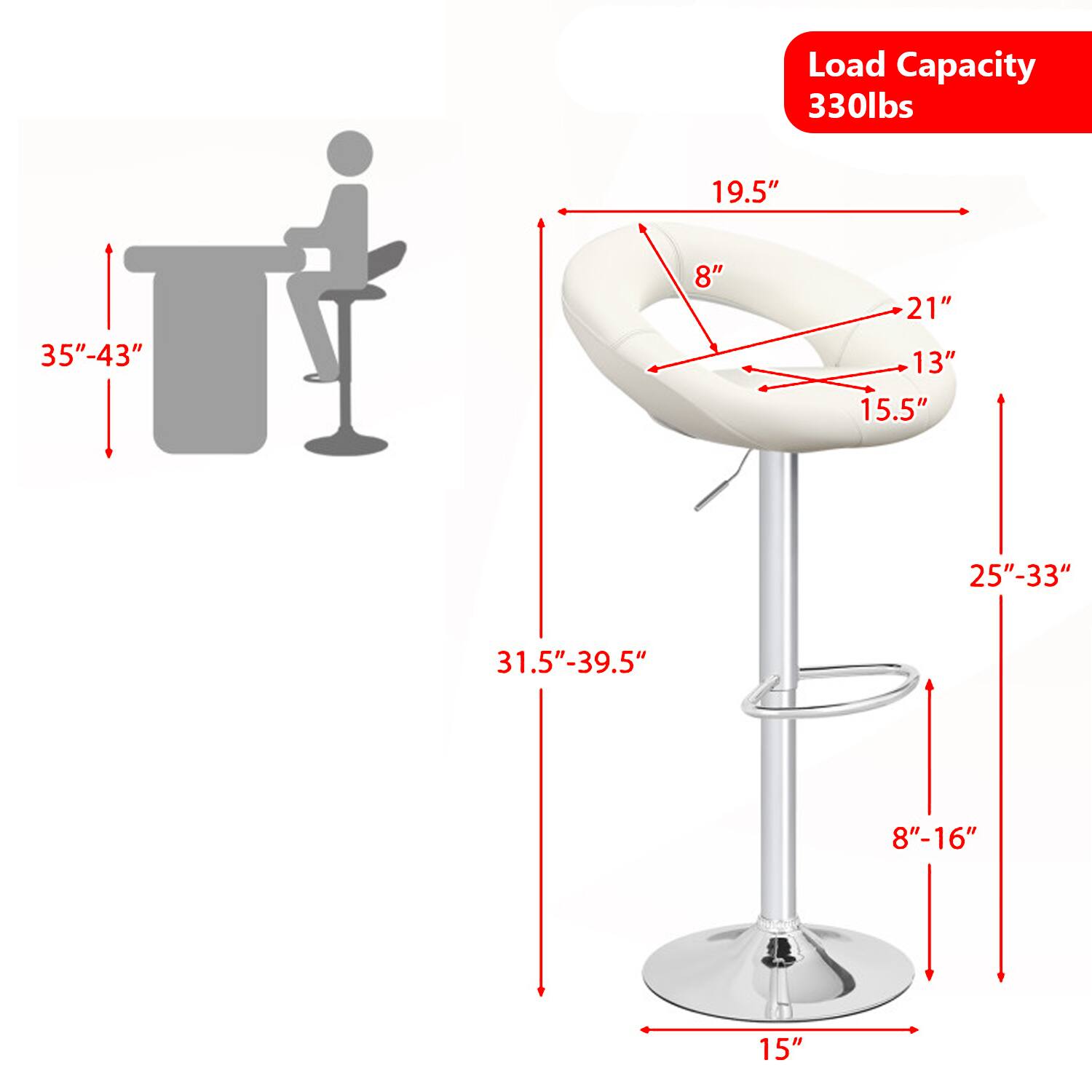 Load Capacity 330lbs  
19.5"  
35"-43"  
8"  
21"  
13"  
15.5"  
25"-33"  
31.5"-39.5"  
8"-16"  
15"