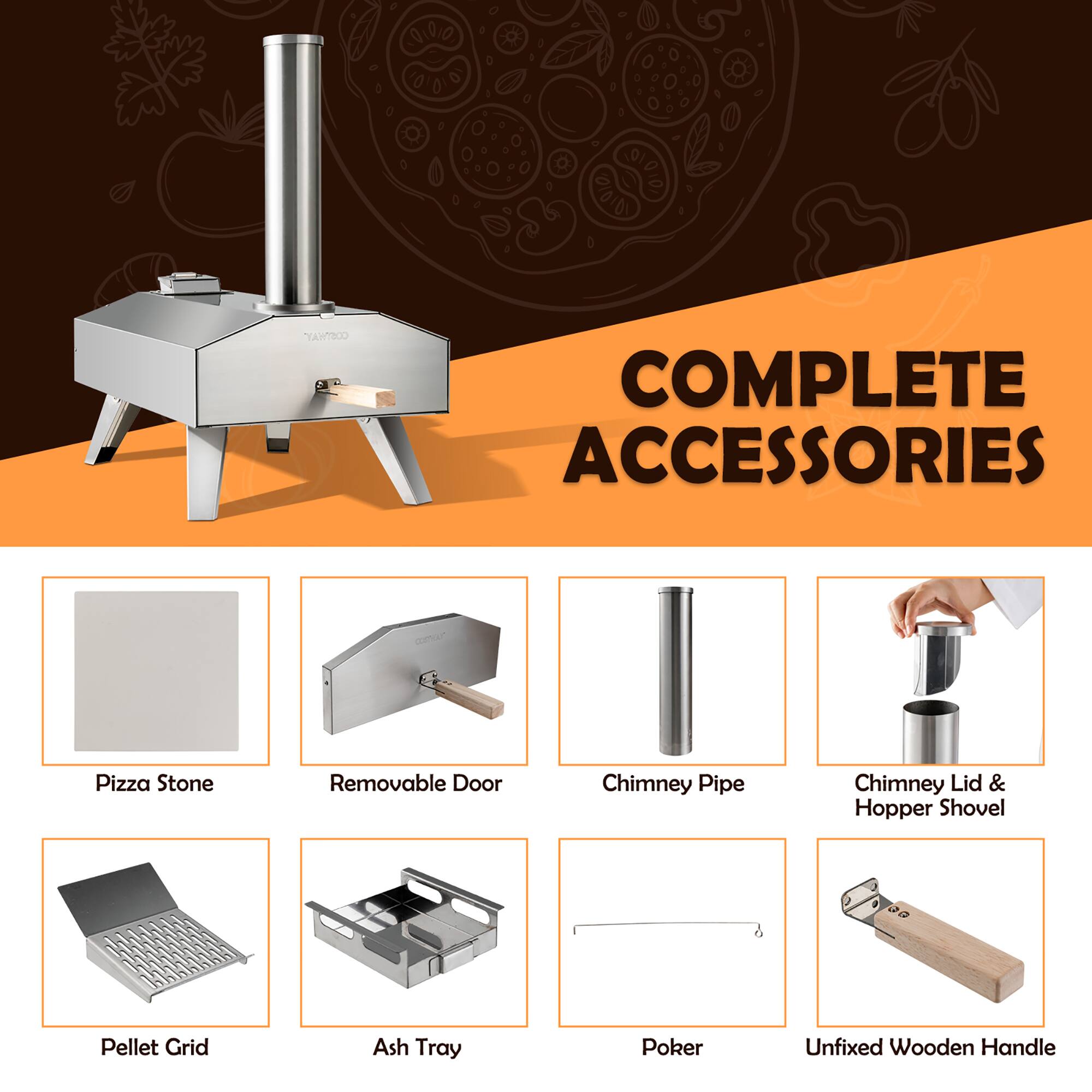 YTICO COMPLETE ACCESSORIES Pizza Stone Removable Door Chimney Pipe Chimney Lid & Hopper Shovel Pellet Grid Ash Tray Poker Unfixed Wooden Handle