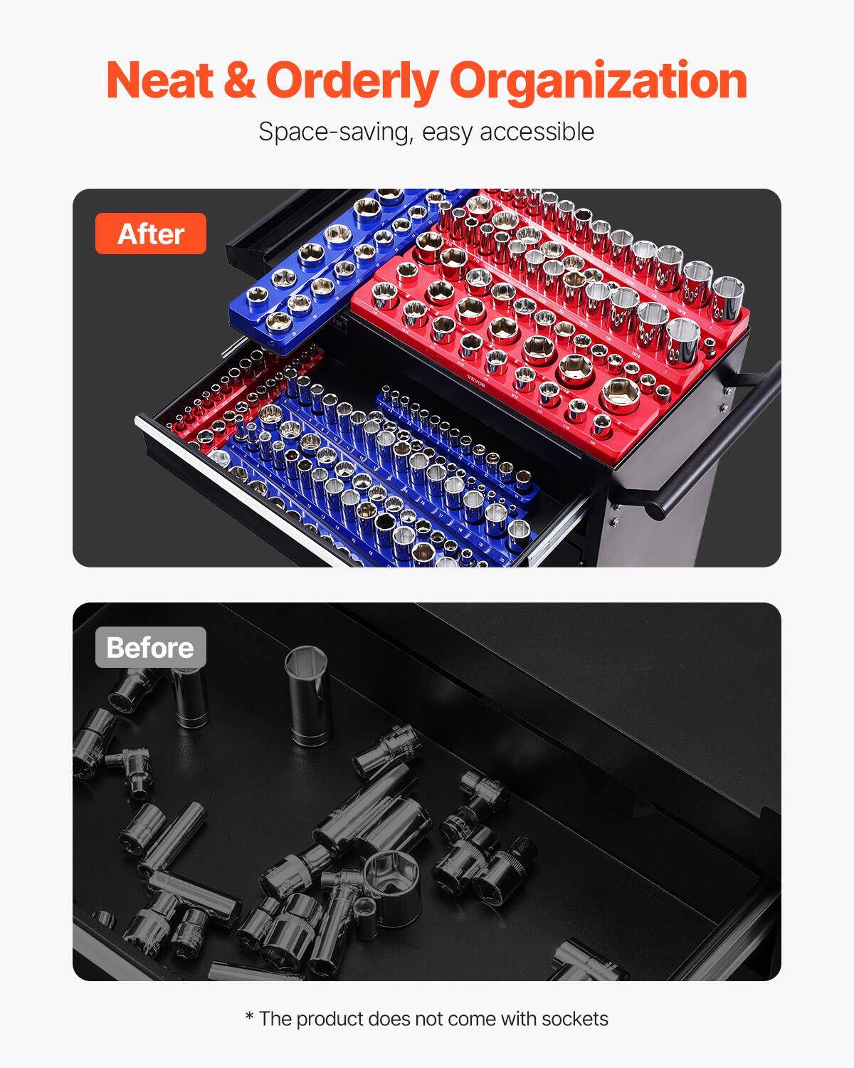 Neat & Orderly Organization  
Space-saving, easy accessible  

After  

Before  

*The product does not come with sockets