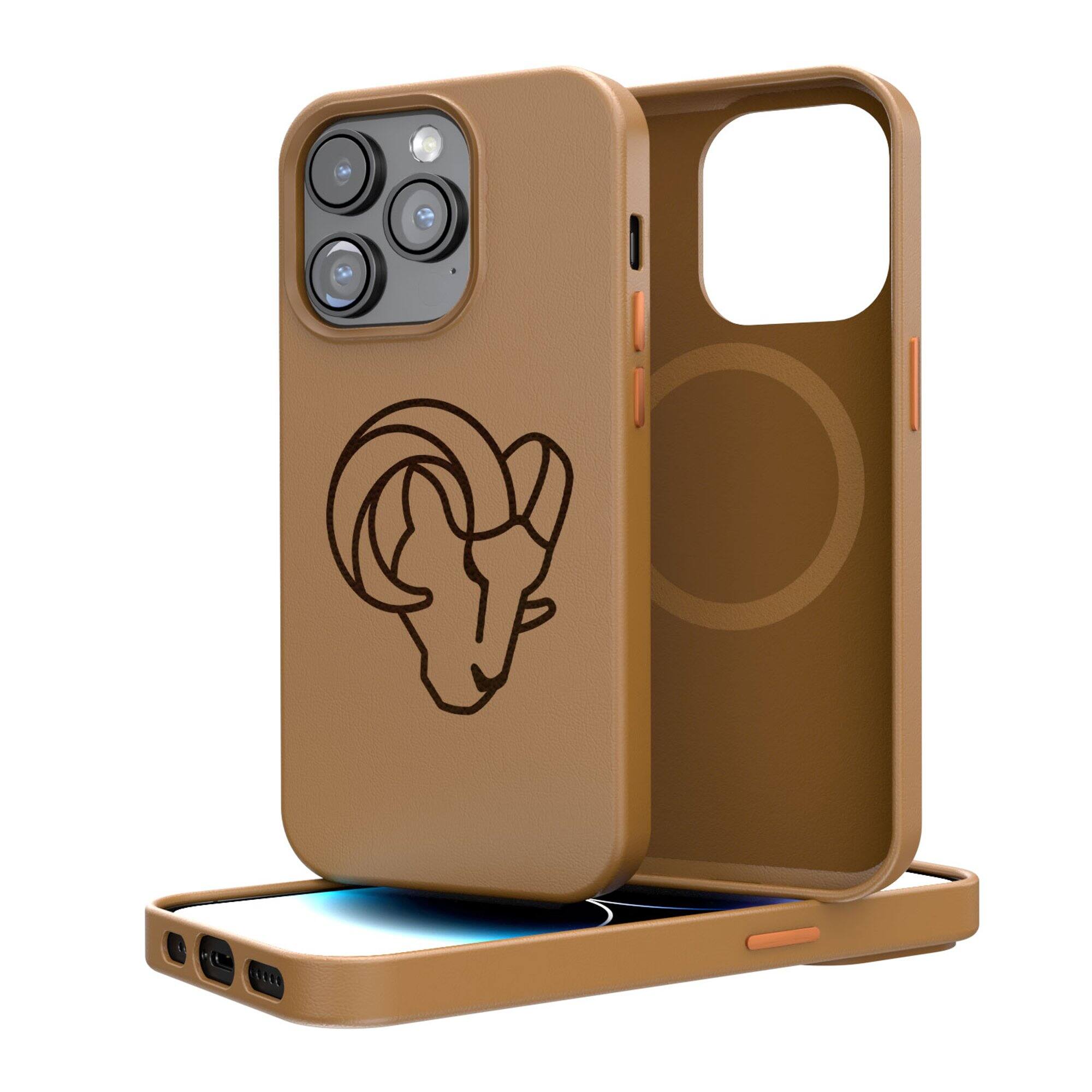 Front. Keyscaper - Brown Los Angeles Rams iPhone Magnetic Bump Case - 14 Pro Max - Brown.