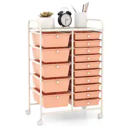 Costway - 15 Drawer Rolling Storage Cart Tools Scrapbook Paper Office School Organizer - Orange