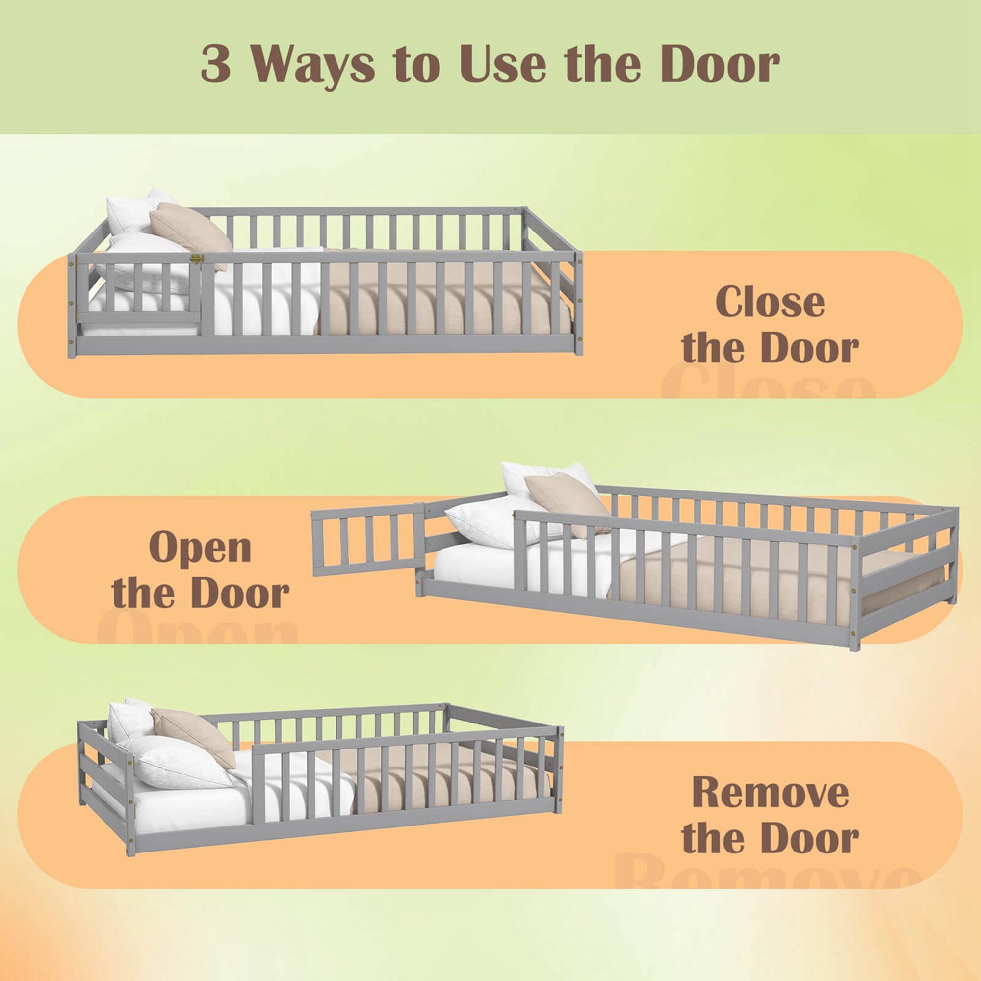 3 Ways to Use the Door:

1. Close the Door:
2. Open the Door:
3. Remove the Door: