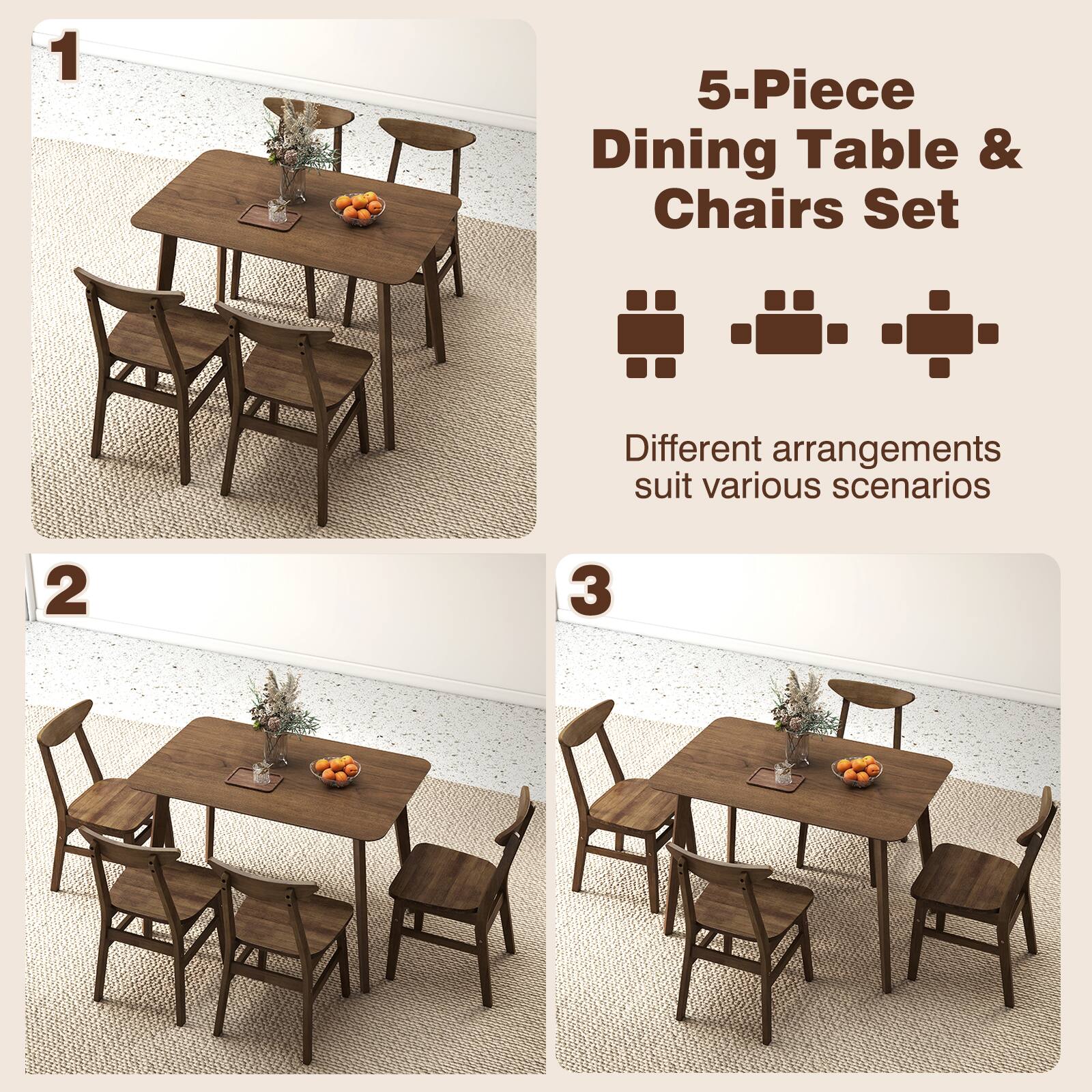 1. 5-Piece Dining Table & Chairs Set  
   Different arrangements suit various scenarios

2. 5-Piece Dining Table & Chairs Set  
   Different arrangements suit various scenarios

3. 5-Piece Dining Table & Chairs Set  
   Different arrangements suit various scenarios