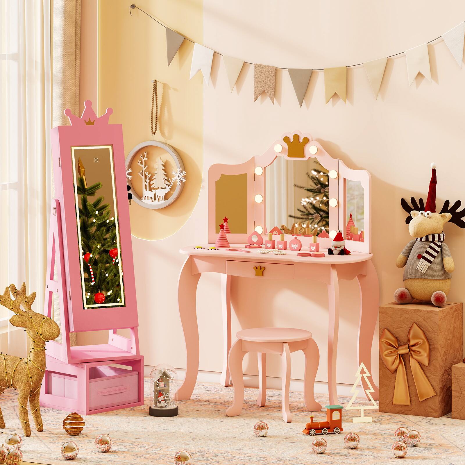 Alt View 4. Gymax - Gymax 3 In 1 Kids Jewelry Cabinet w/3-Color Lighted Full Length Mirror Internal Mirror - Pink.