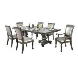 Manhattan Lane - Ena 9pc Dining Table Set, Gray Faux Leather, Extendable 79-103 Inch - Gray, Silver