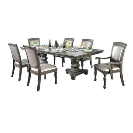 Front. Manhattan Lane - Ena 9pc Dining Table Set, Gray Faux Leather, Extendable 79-103 Inch - Gray, Silver.