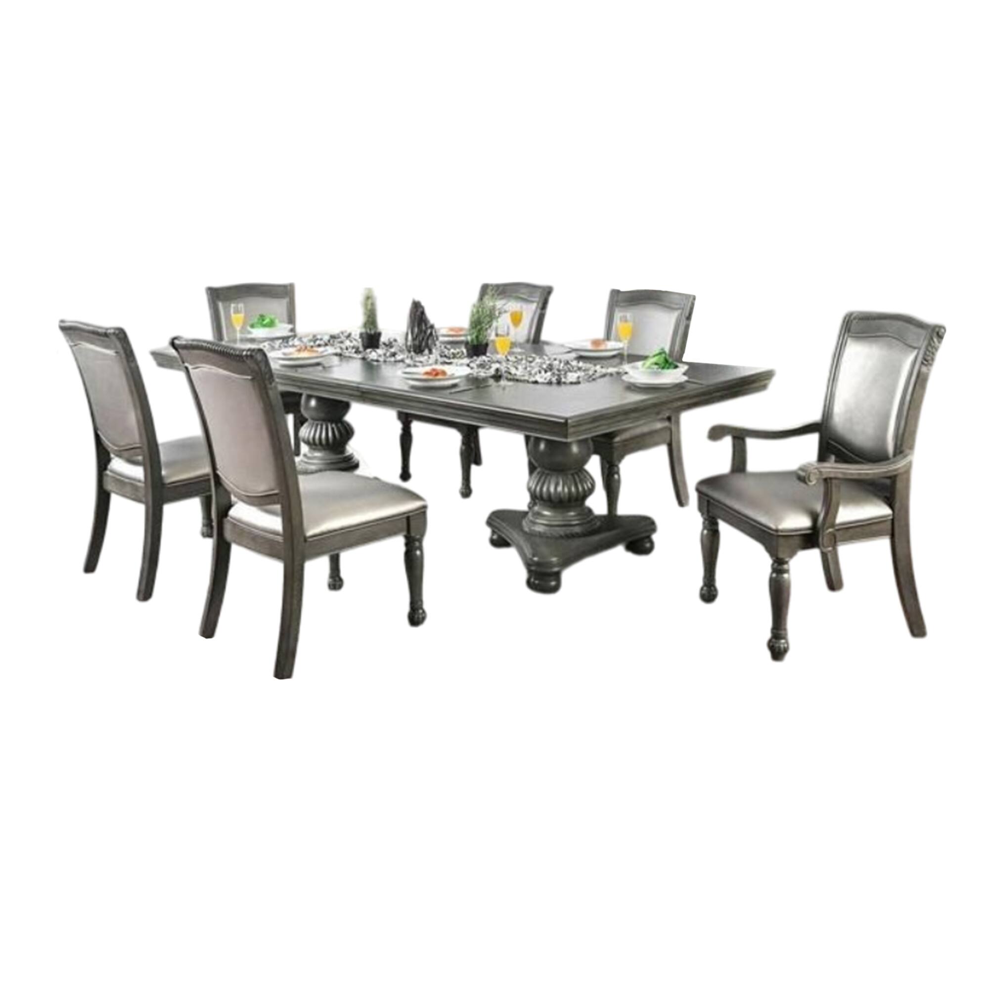 Front. Manhattan Lane - Ena 9pc Dining Table Set, Gray Faux Leather, Extendable 79-103 Inch - Gray, Silver.