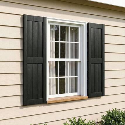 Front. Kadyn - Vertical Grain Faux Shutters, Weather-Resistant Elegance, for Enhanced Curb Appeal, 14"x31", Black - Black.