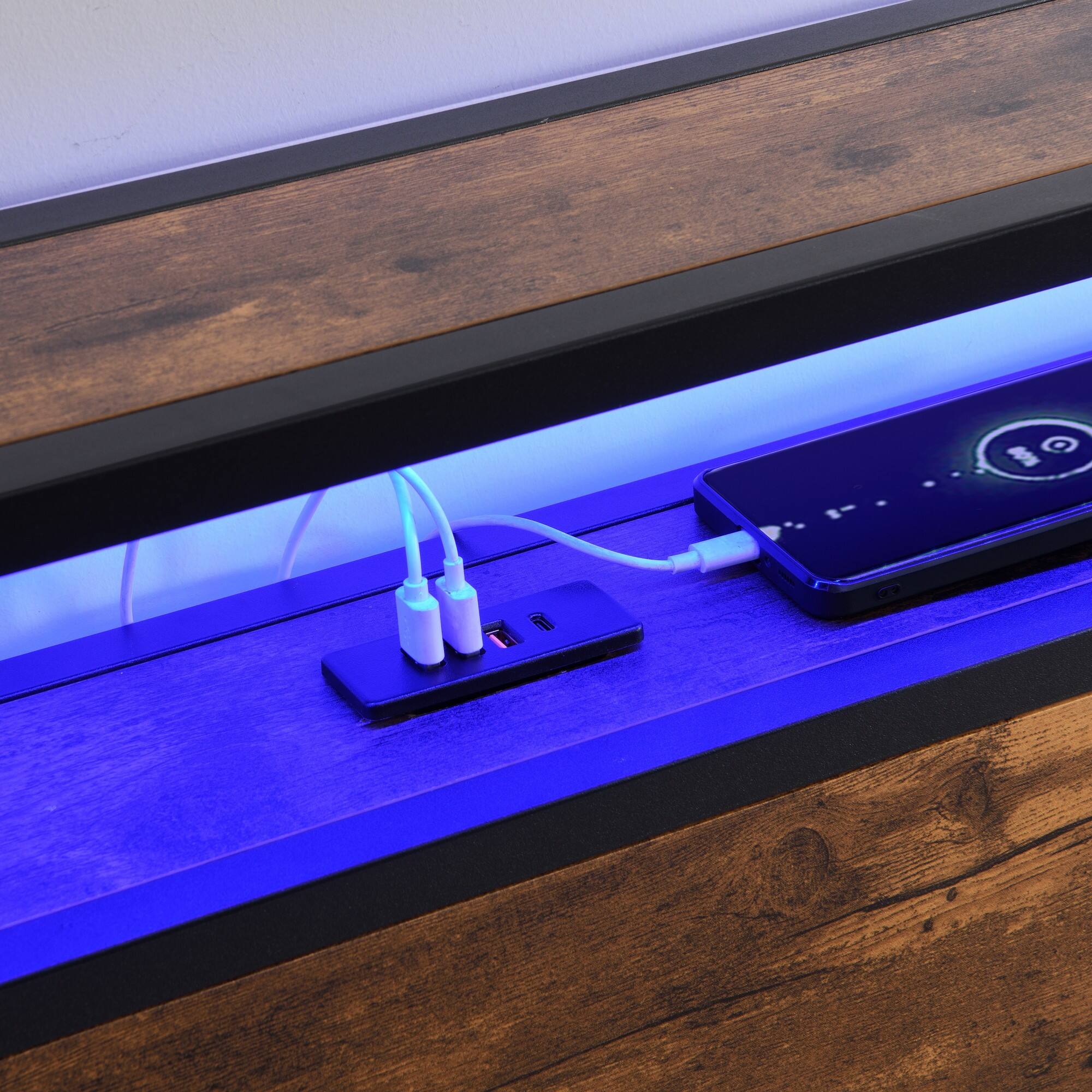 Alt View 7. Boyel Living - Queen Size Industrial Bed Frame with Storage Headboard LED Lights Charging Station and 2 Underbed Drawers - Black.