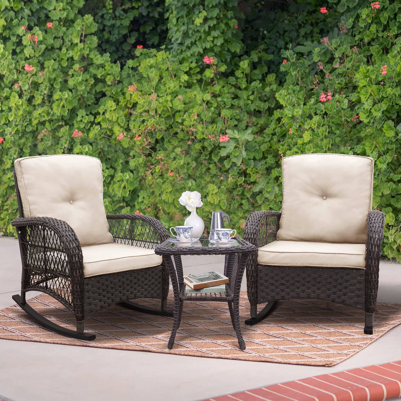 Alt View 1. Ecooso - 3-Piece Wicker Patio Conversation Set with Rocking Chairs and Glass Top Table - Brown.