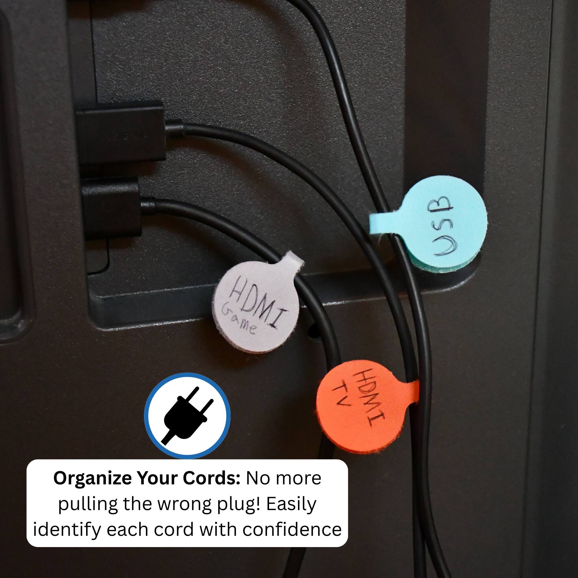 Organize Your Cords: No more pulling the wrong plug! Easily identify each cord with confidence

- HDMI (Game)
- HDMI (TV)
- USB