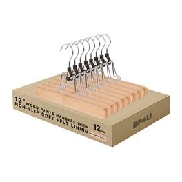 BP4U - 12" Wood Clamp Hangers with Felt Lining, Wooden Pants/Skirts Hangers for Trousers, Jeans, Shorts, and Delicate Fabrics - Natural Wood