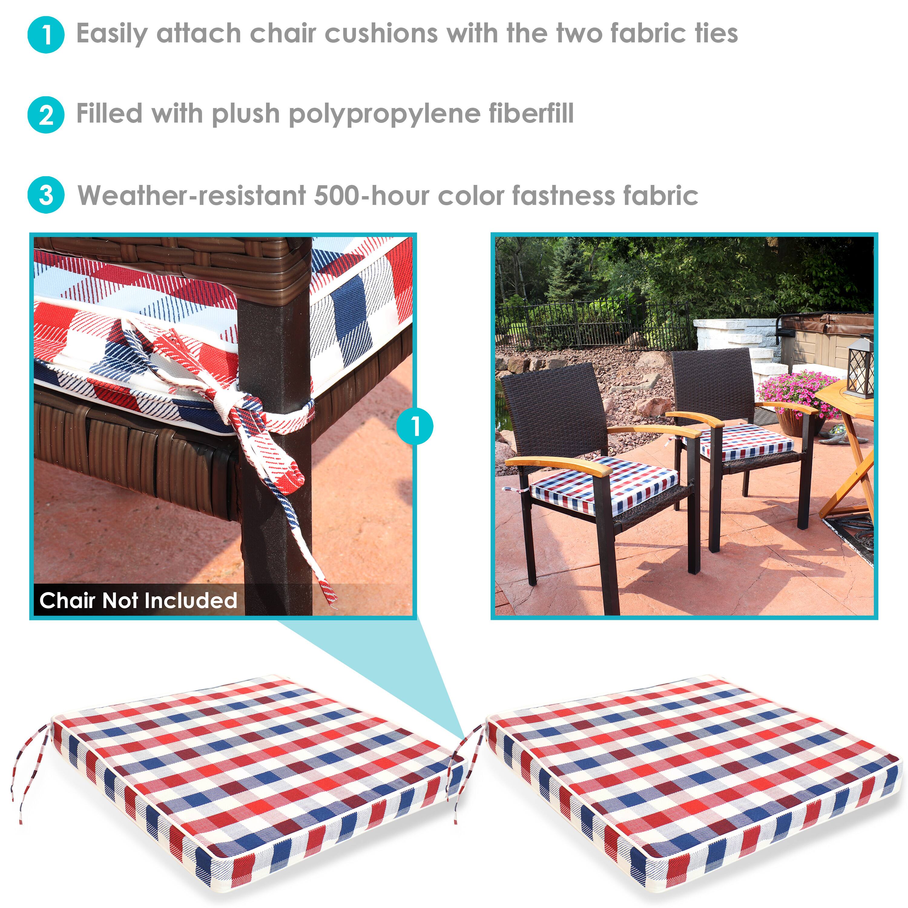 1. Easily attach chair cushions with the two fabric ties
2. Filled with plush polypropylene fiberfill
3. Weather-resistant 500-hour color fastness fabric
4. Chair Not Included