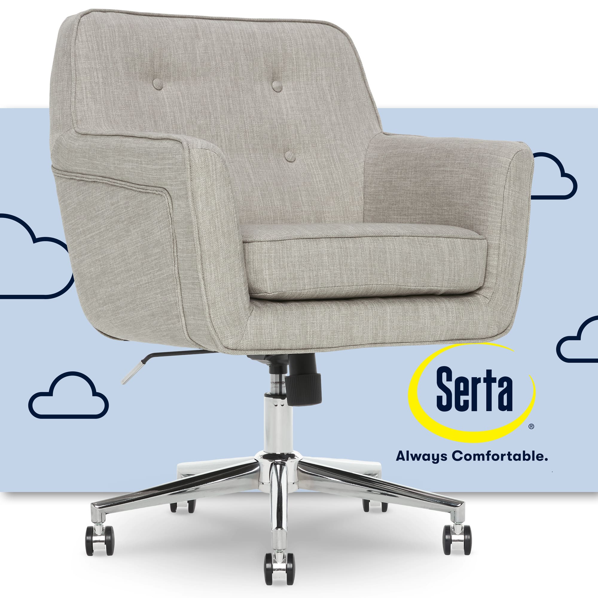 The image features a comfortable chair with a cloudy blue background. The chair is positioned on a wheeled stand, and it is accompanied by a Serta advertisement. The advertisement emphasizes the comfort and relaxation that the Serta chair offers. The chair is designed to provide a cozy and inviting space for users to sit and relax, making it an ideal choice for those seeking a comfortable seating option.