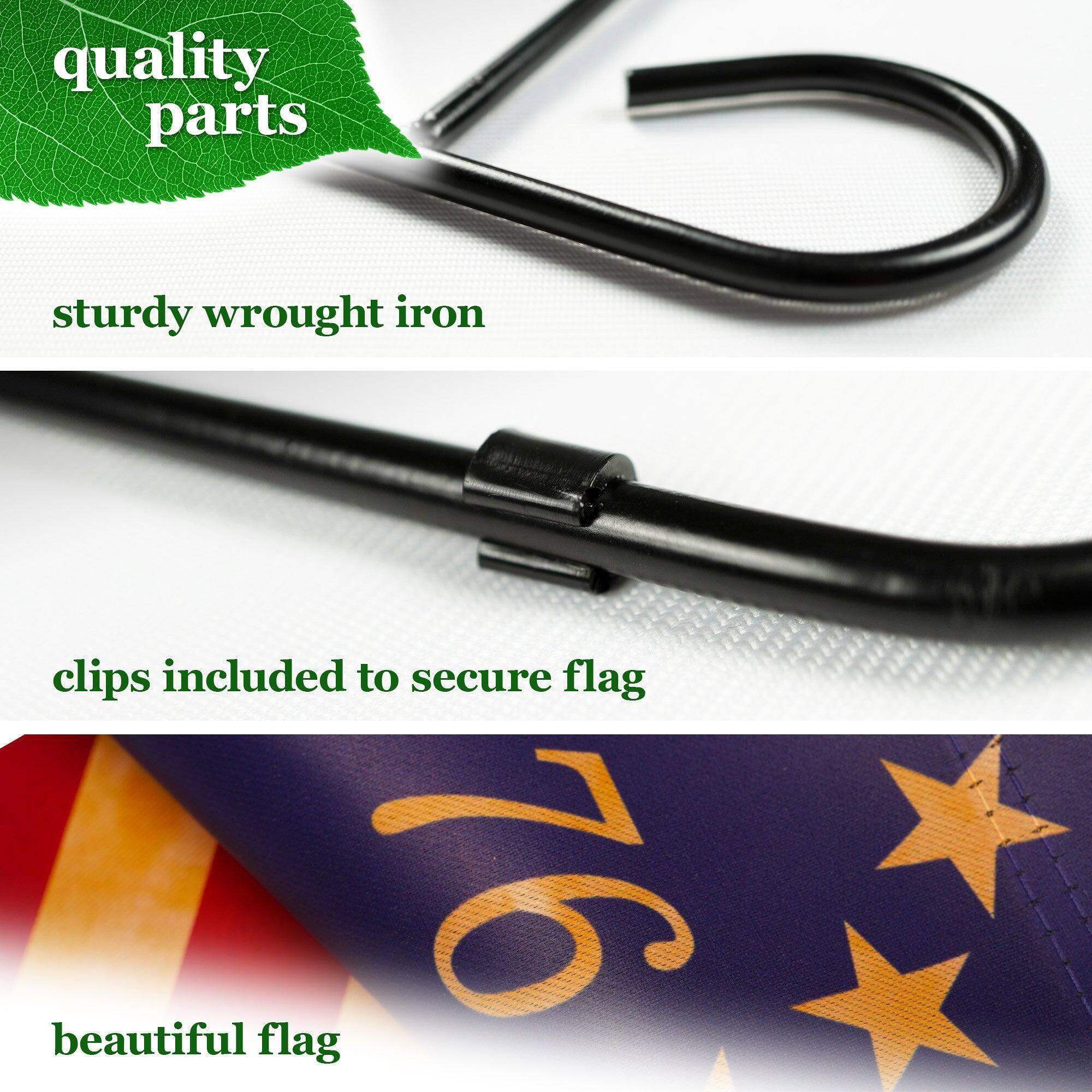 quality parts  
sturdy wrought iron  
clips included to secure flag  
beautiful flag