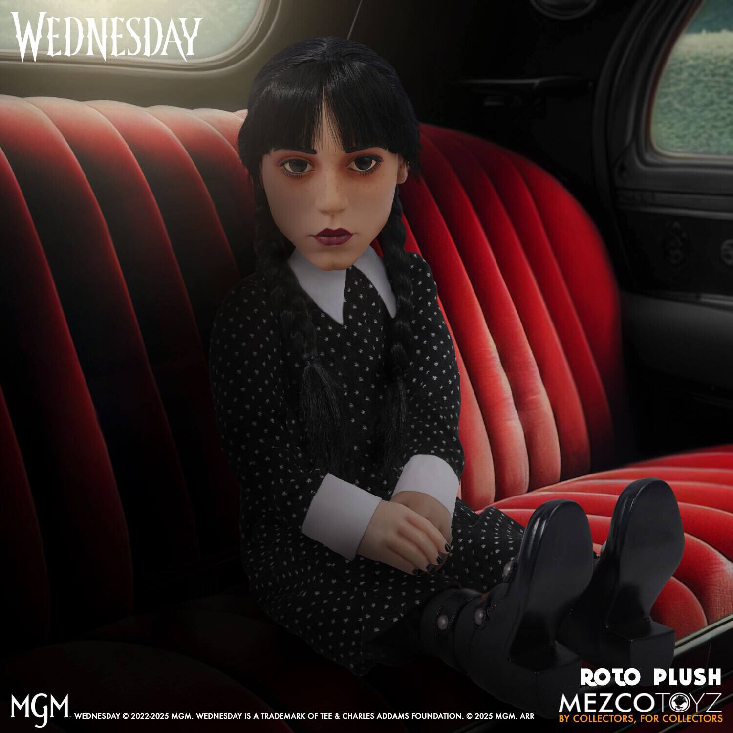 WEDNESDAY ROTO PLUSH MGM MEZCOTOYZ WEDNESDAY 0 2022-2025 MGM. WEDNESDAY IS A TRADEMARK OF TEE & CHARLES ADDAMS FOUNDATION. C 2025 MGM. ARR BY FOR COLLECTORS COLLECTORS