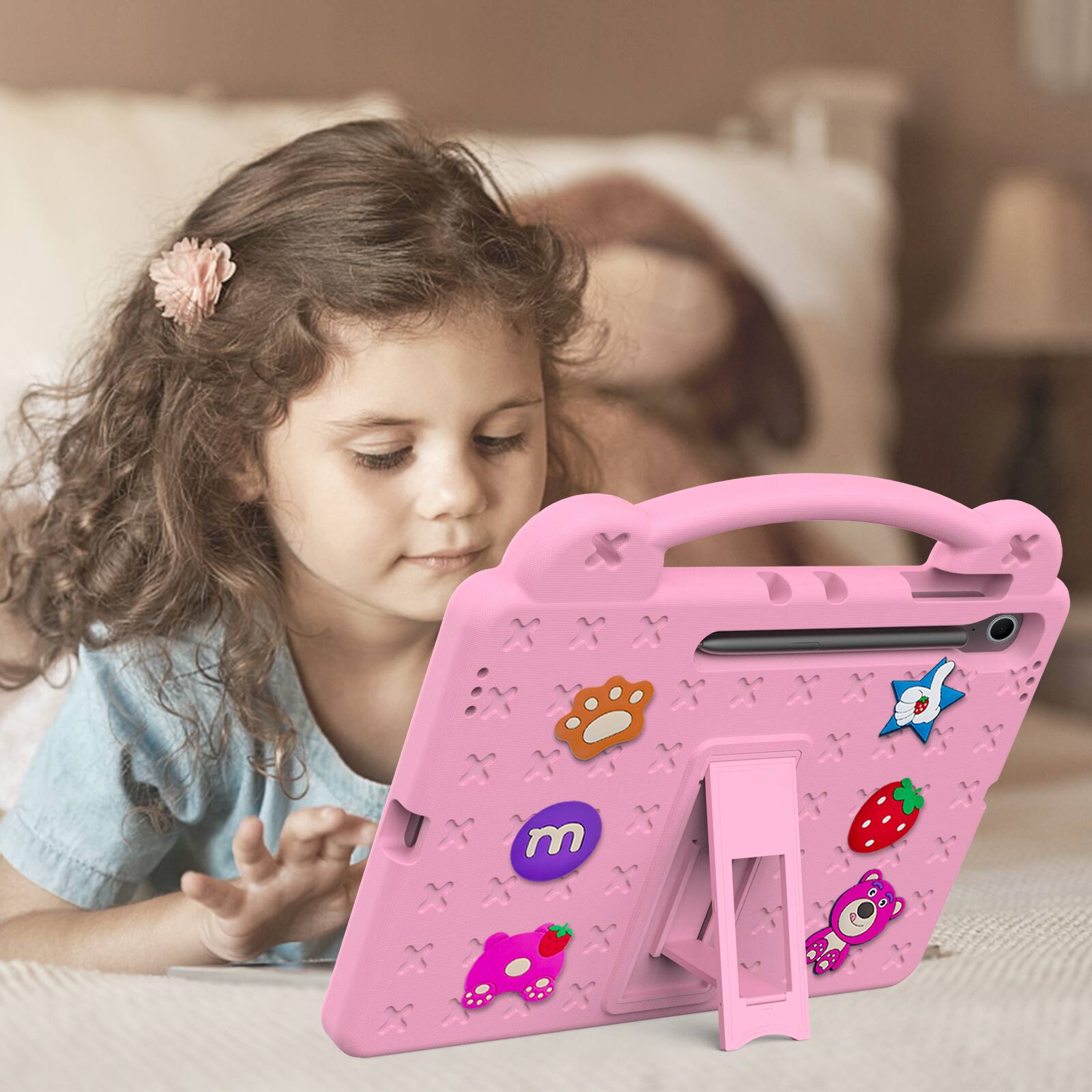 Angle. Dteck - For Samsung Galaxy Tab S10 FE+ 2025 13.1'' Cute Cartoon Kid Case Built-in Kickstand Handle Grip Shockproof Cover - Pink.