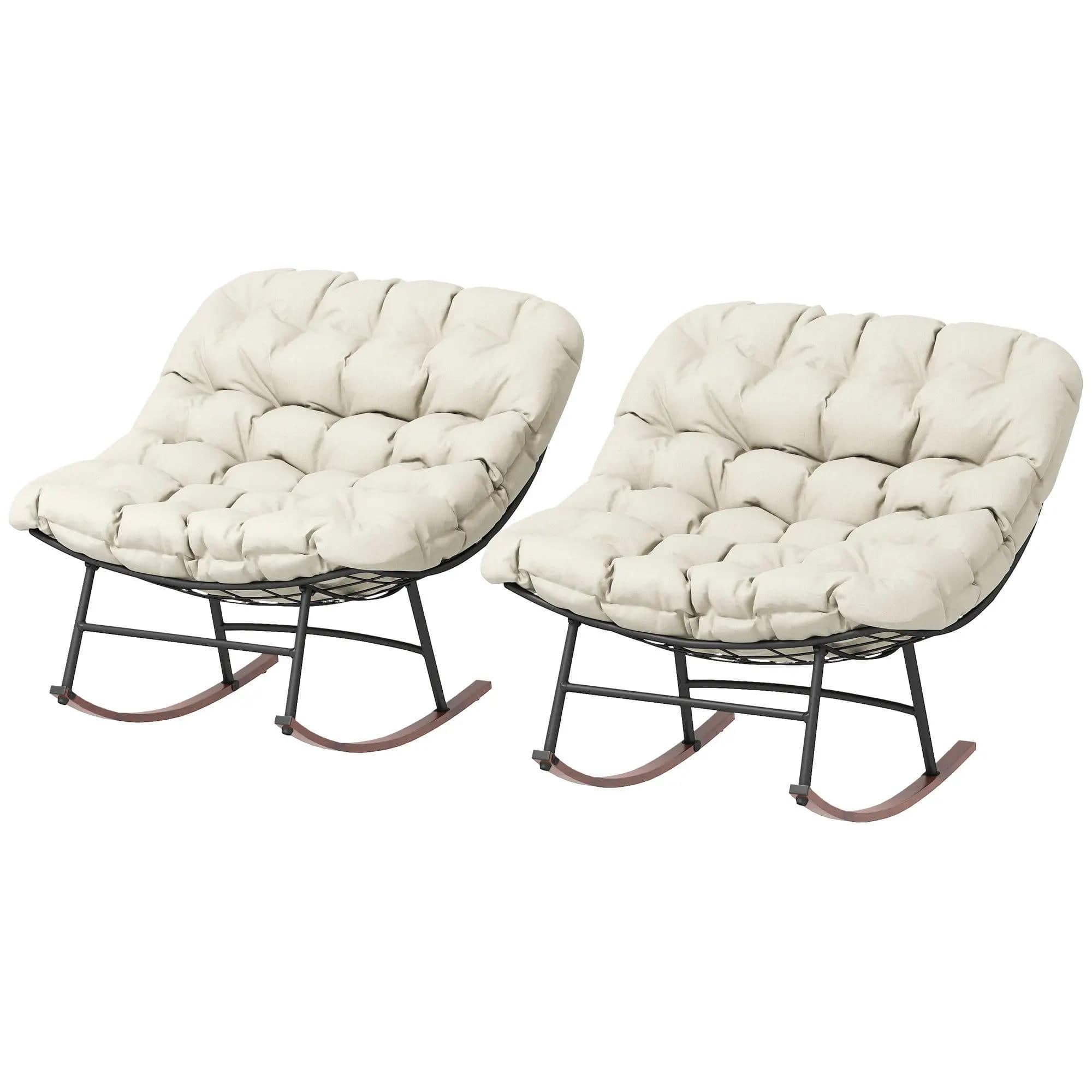 Resenkos - Oversized Rocking Chairs Set of 2, Garden Porch Papasan Chairs with Comfortable Cushions - Beige