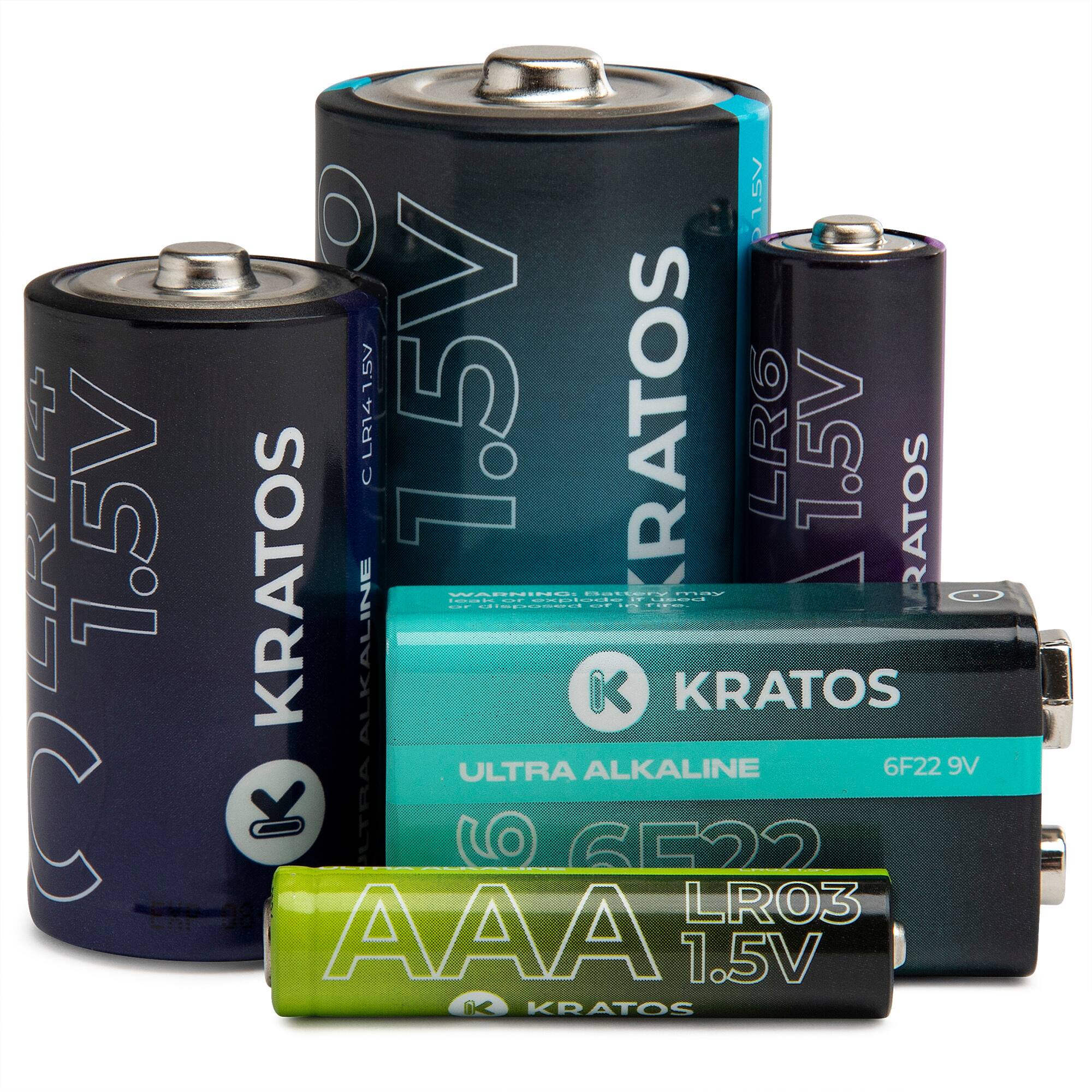 Sure, here is the corrected and grouped text from the image:

- KRATOS
- 1.5V
- LR14
- KRATOS
- 1.5V
- LR6
- KRATOS
- ULTRA ALKALINE
- 6F22 9V
- AAA
- 1.5V
- LR03
