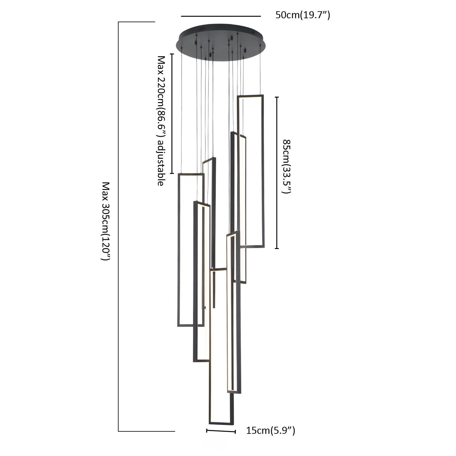 - 50cm (19.7")
- Max 305cm (120")
- Max 220cm (86.6") adjustable
- 85cm (33.5")
- 15cm (5.9")
