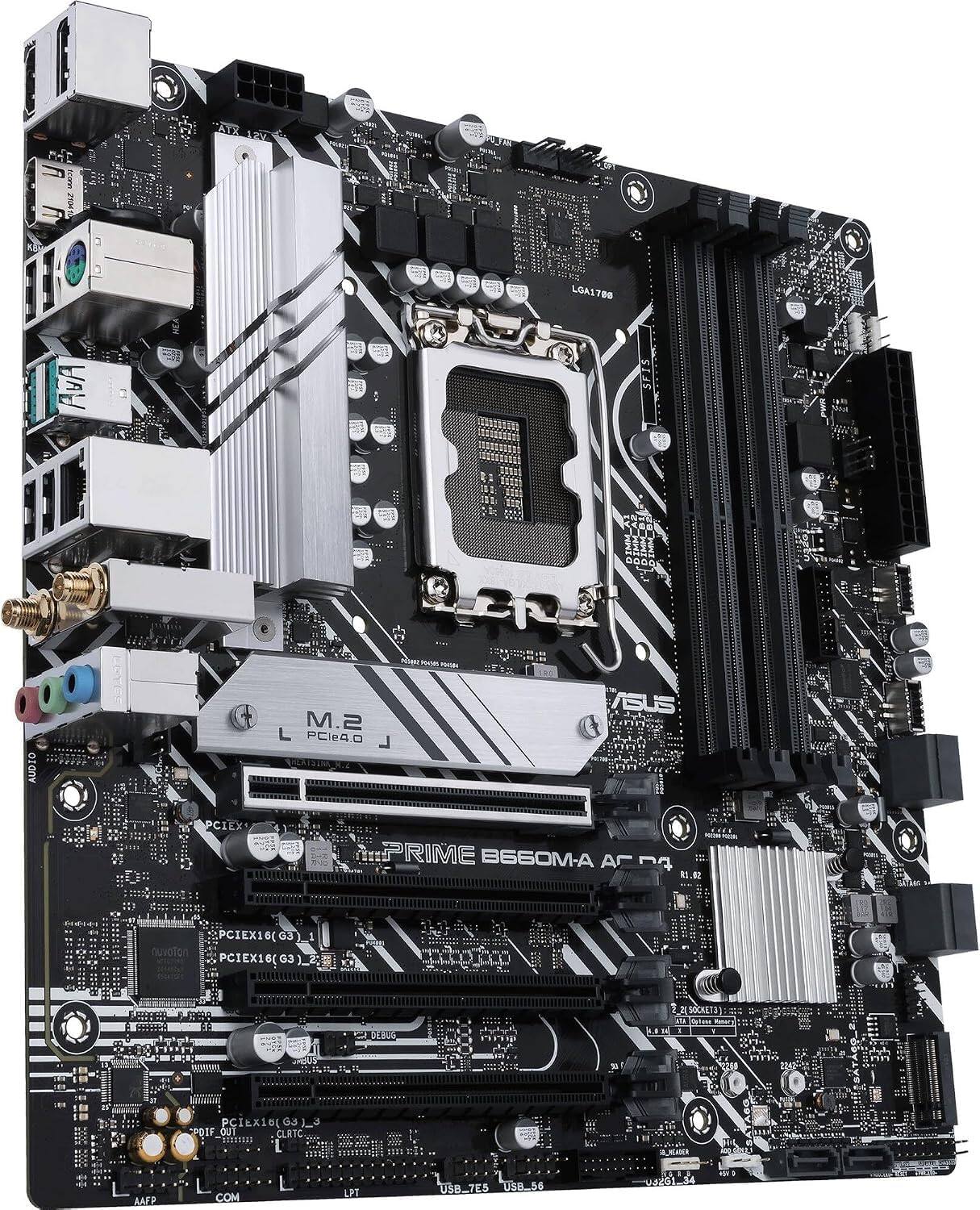 LOA1788 708 G000 AUDIO OYES M.2 L PCIe4.0 ASUS PRIME B660M-A AC D4 tu 1.E PCIEX16(03) nuvoton PCIEX16(G3 0.00 (SOCKET LGA1700 11 PCIEX1G GJ) J POIF OUT CLRTC 1T2 AKA AAFP COM LPT USB_7E5 USB_56 U40 34