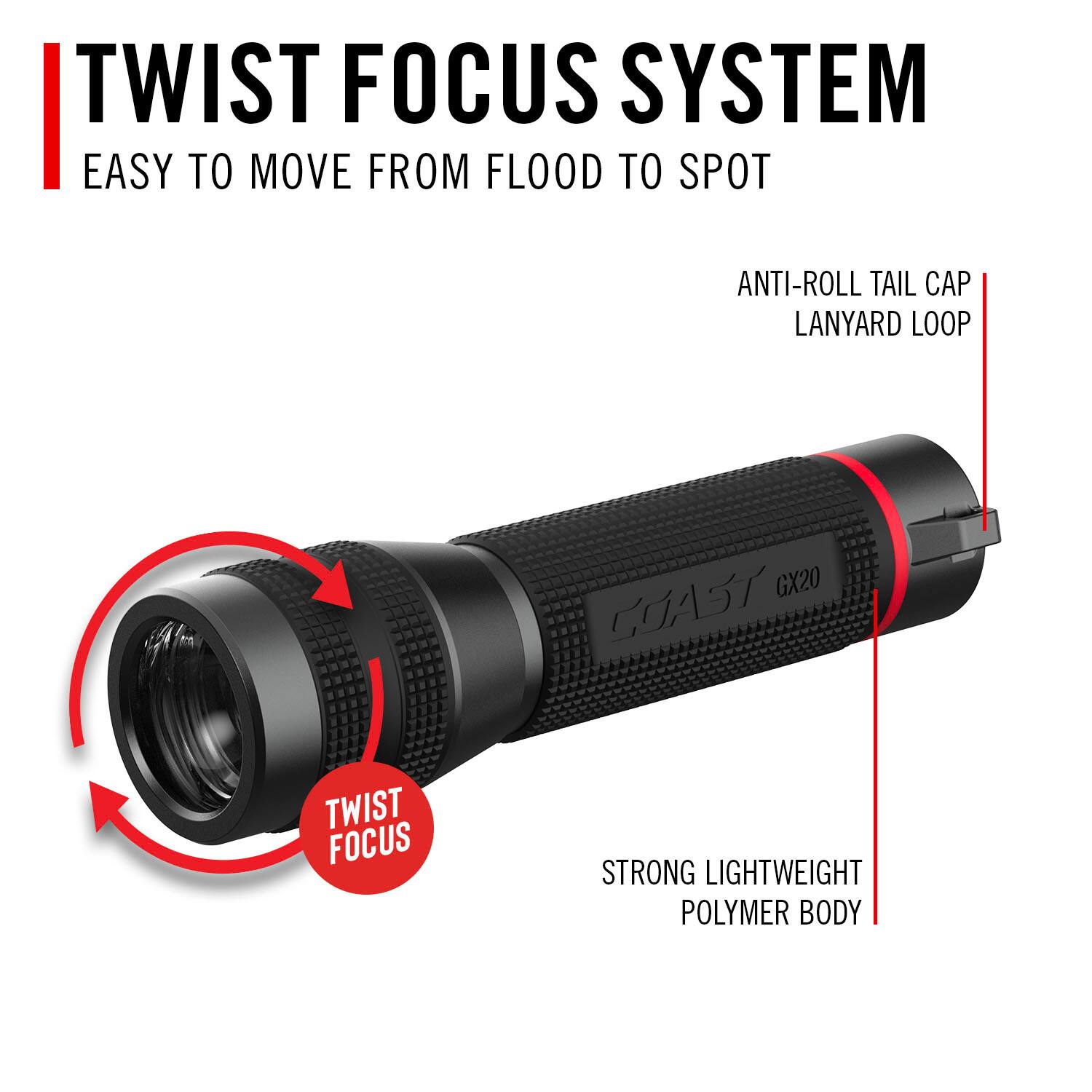 TWIST FOCUS SYSTEM  
EASY TO MOVE FROM FLOOD TO SPOT  
ANTI-ROLL TAIL CAP  
LANYARD LOOP  
GX20  
COAST  
TWIST FOCUS  
STRONG LIGHTWEIGHT POLYMER BODY