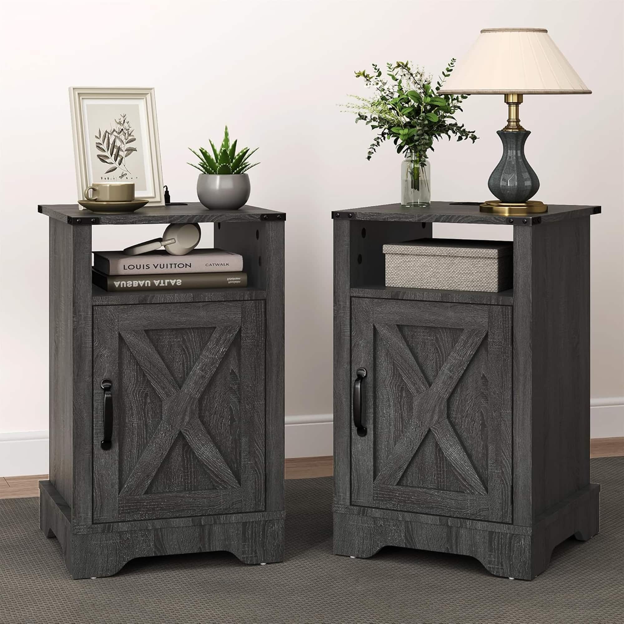RoyalCraft - Farmhouse Nightstand with Charging Station, Set of 2, Dark Grey - Dark Gray