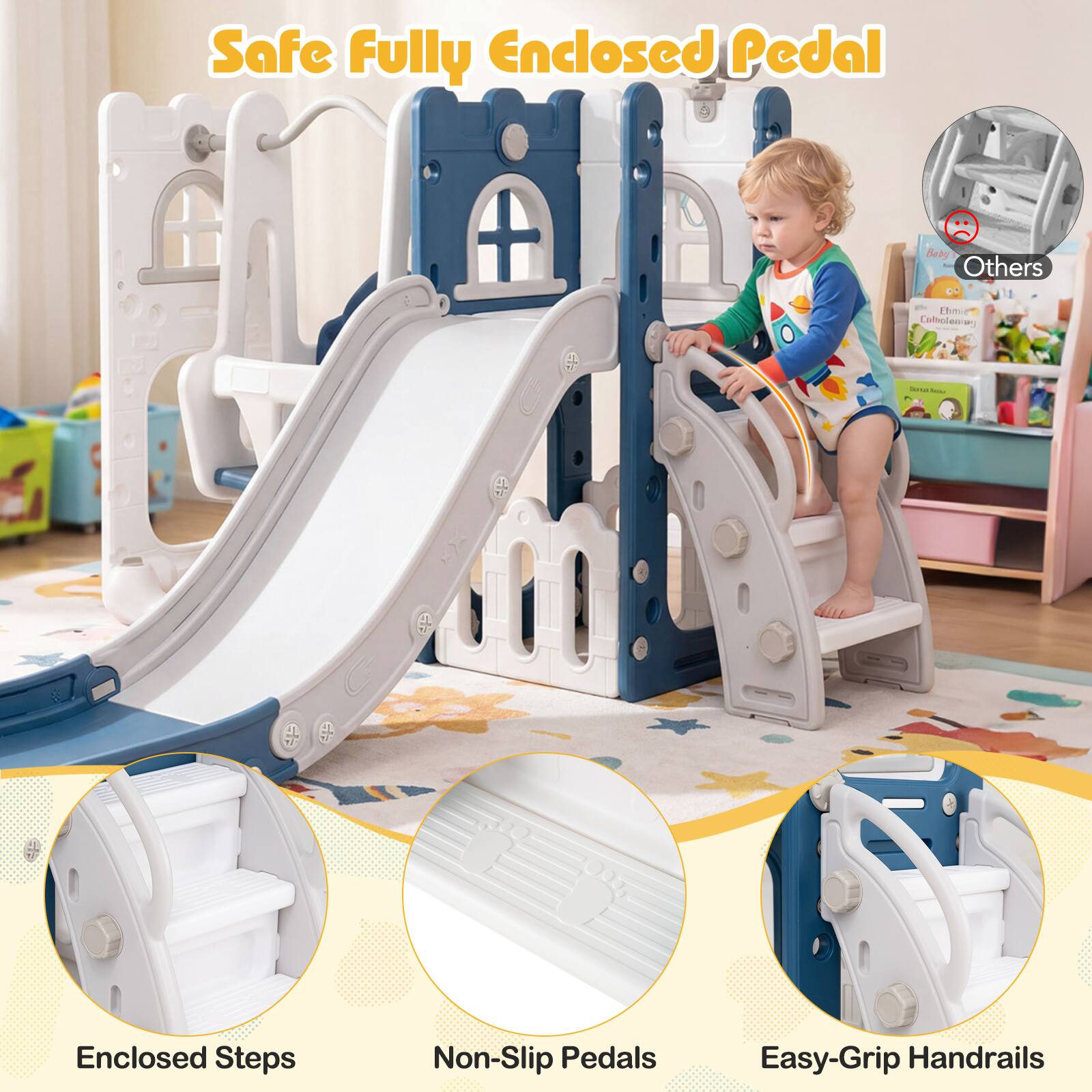 Safe Fully Enclosed Pedal  
- Enclosed Steps  
- Non-Slip Pedals  
- Easy-Grip Handrails