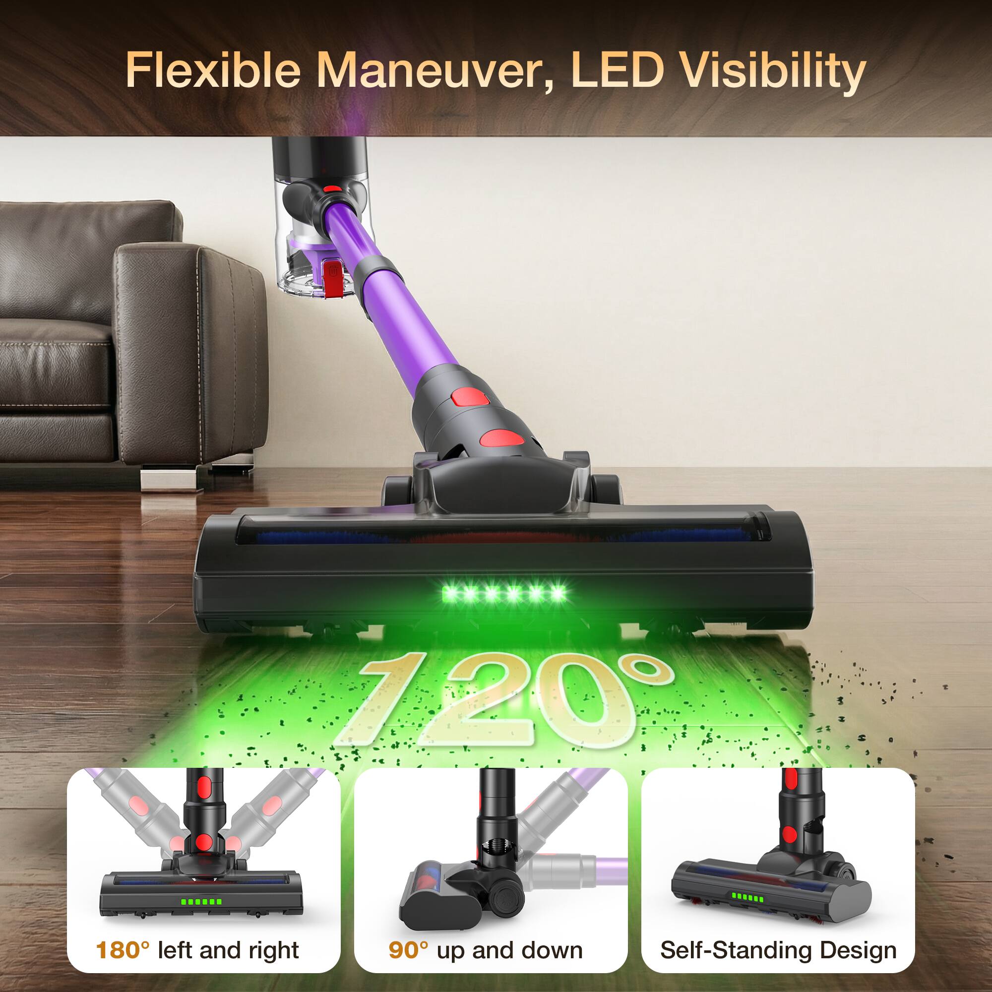 Flexible Maneuver, LED Visibility  
180° left and right  
90° up and down  
Self-Standing Design