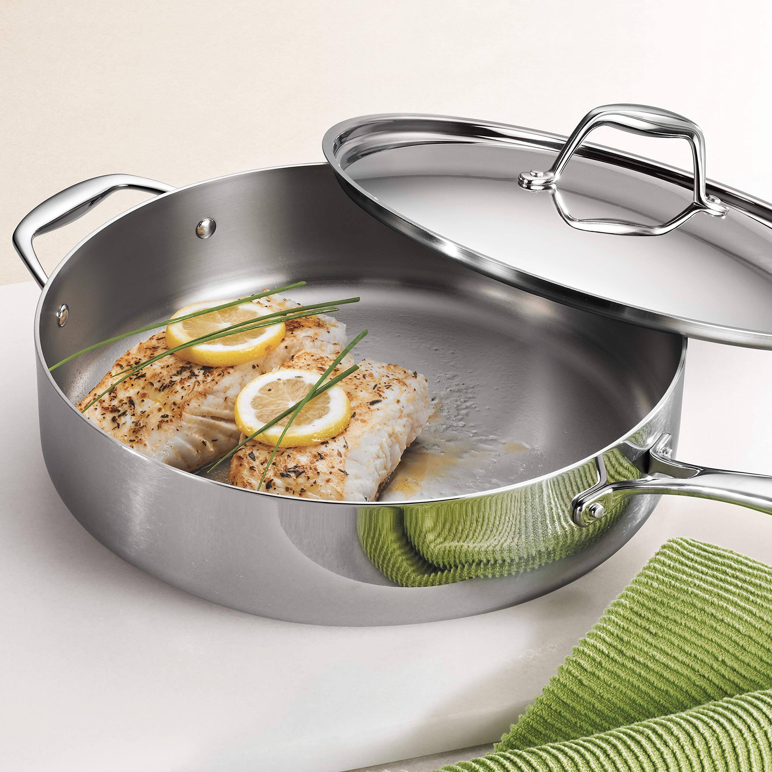 Left. Tramontina - Tramontina Tri-Ply Clad Stainless Steel 6-Quart Saute Pan with Lid, Induction-Ready Cooking Pan, Dishwasher-Safe - silver.