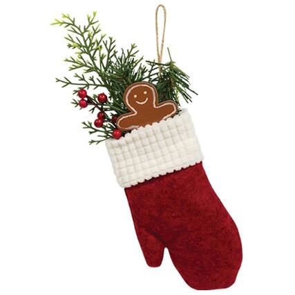 Front. BreeBe - Hanging Winter Greens and Gingerbread Mitten Goody Bag - Red.